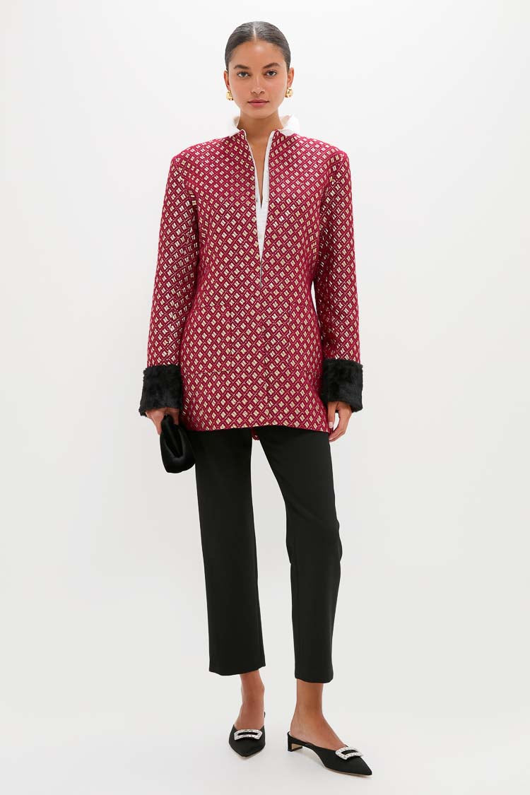 Burgundy and Gold Lea Geom Fur Jacket-Beilave