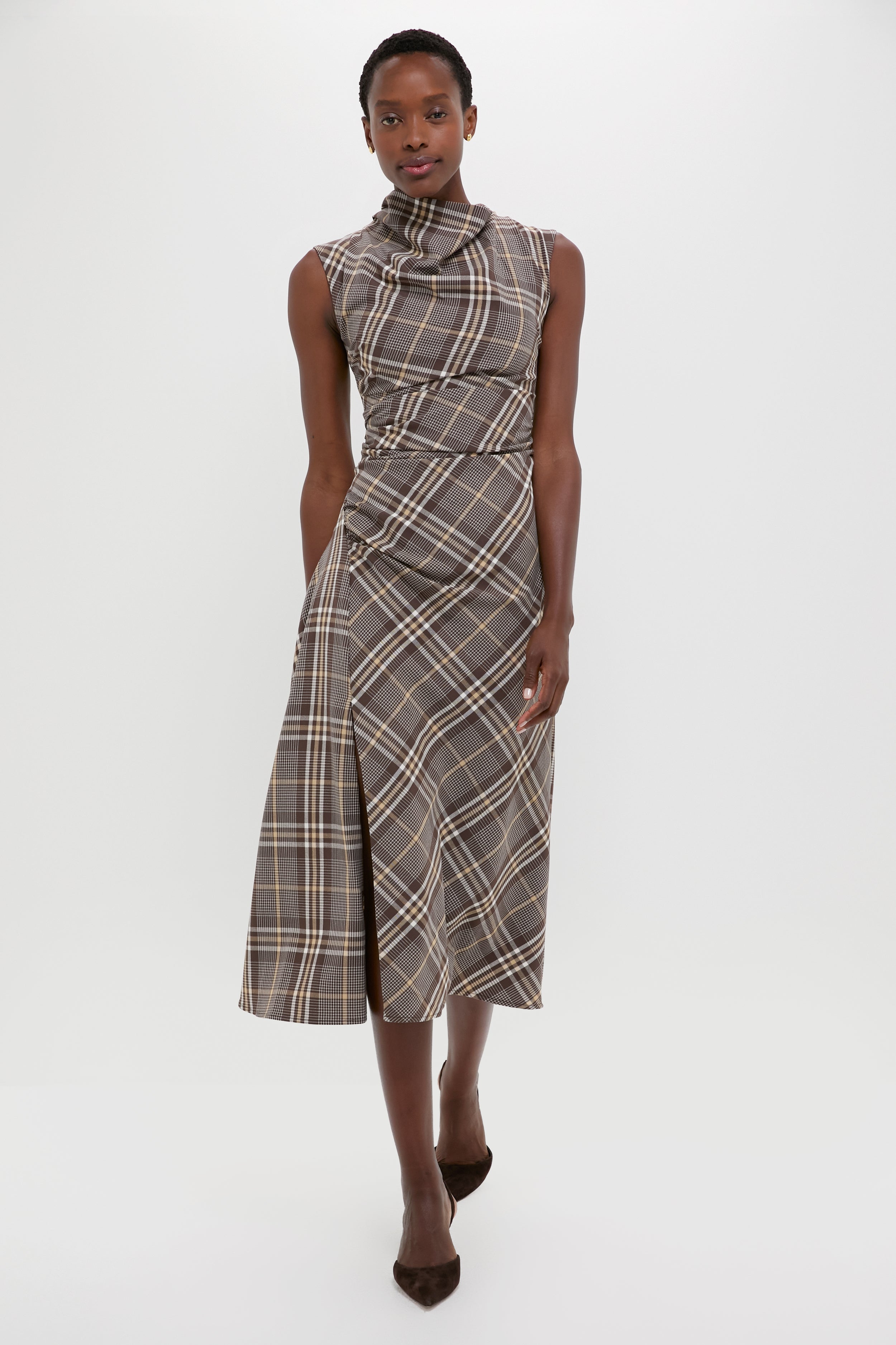 Chocolate Plaid Burke Sleeveless Draped Midi Dress-Beilave