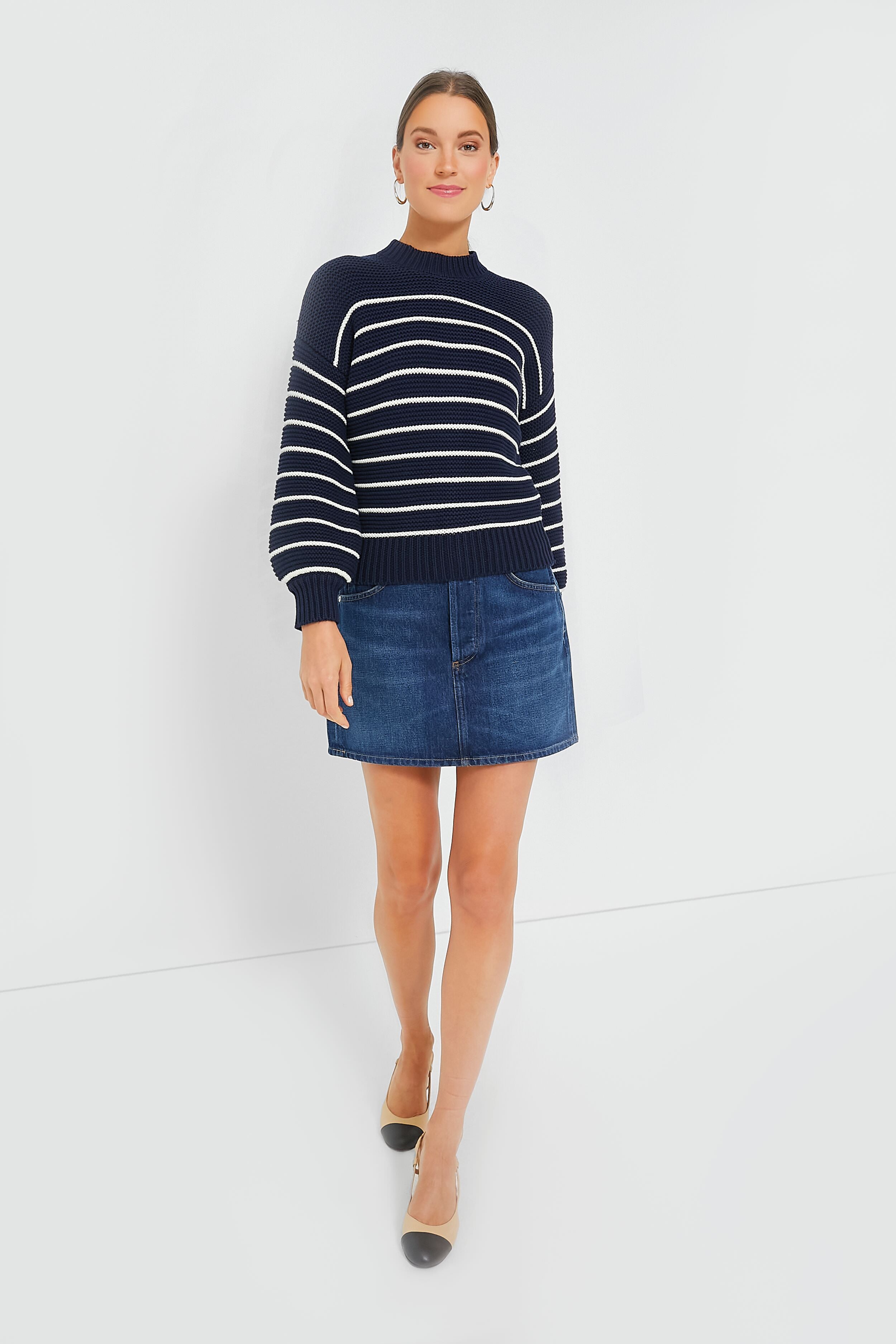 Dark Navy and Ivory Stripe Button Back Crewneck Sweater-Beilave