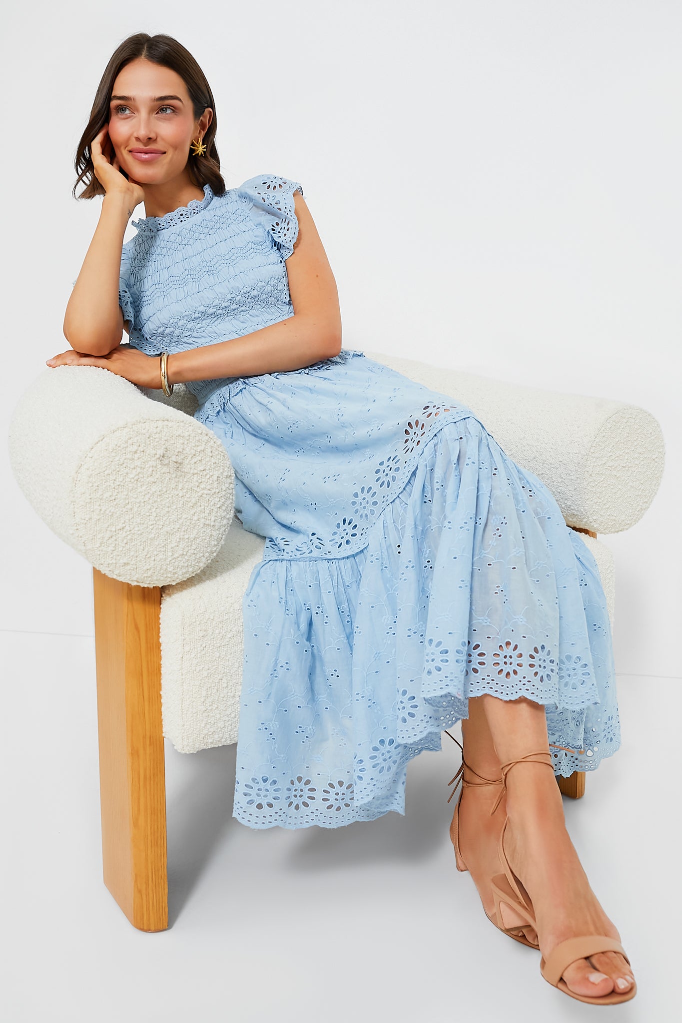 Sky Veronique Embroidery Flutter Sleeve Dress-Beilave