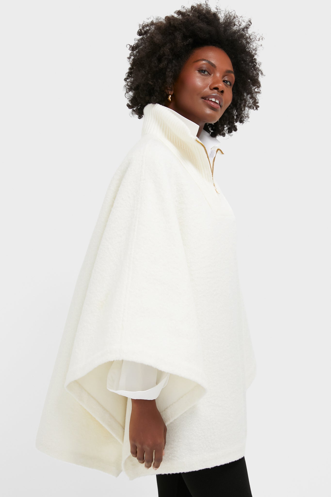 Winter White Boucle High-Neck Poncho-Beilave