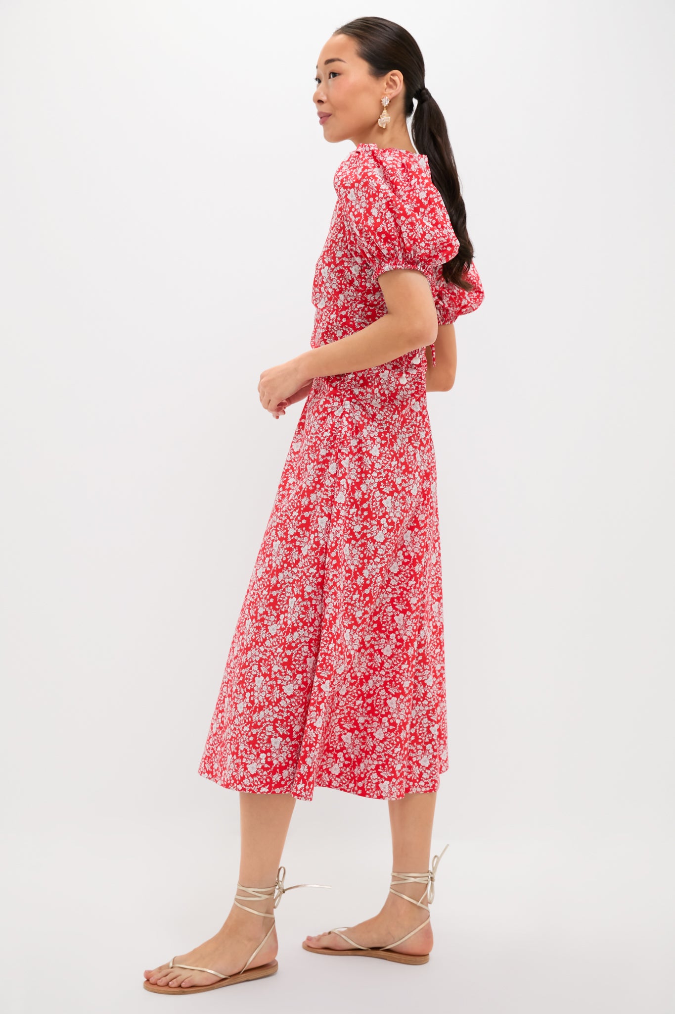 Red Lucille Liberty Print Short Sleeve Midi Dress-Beilave