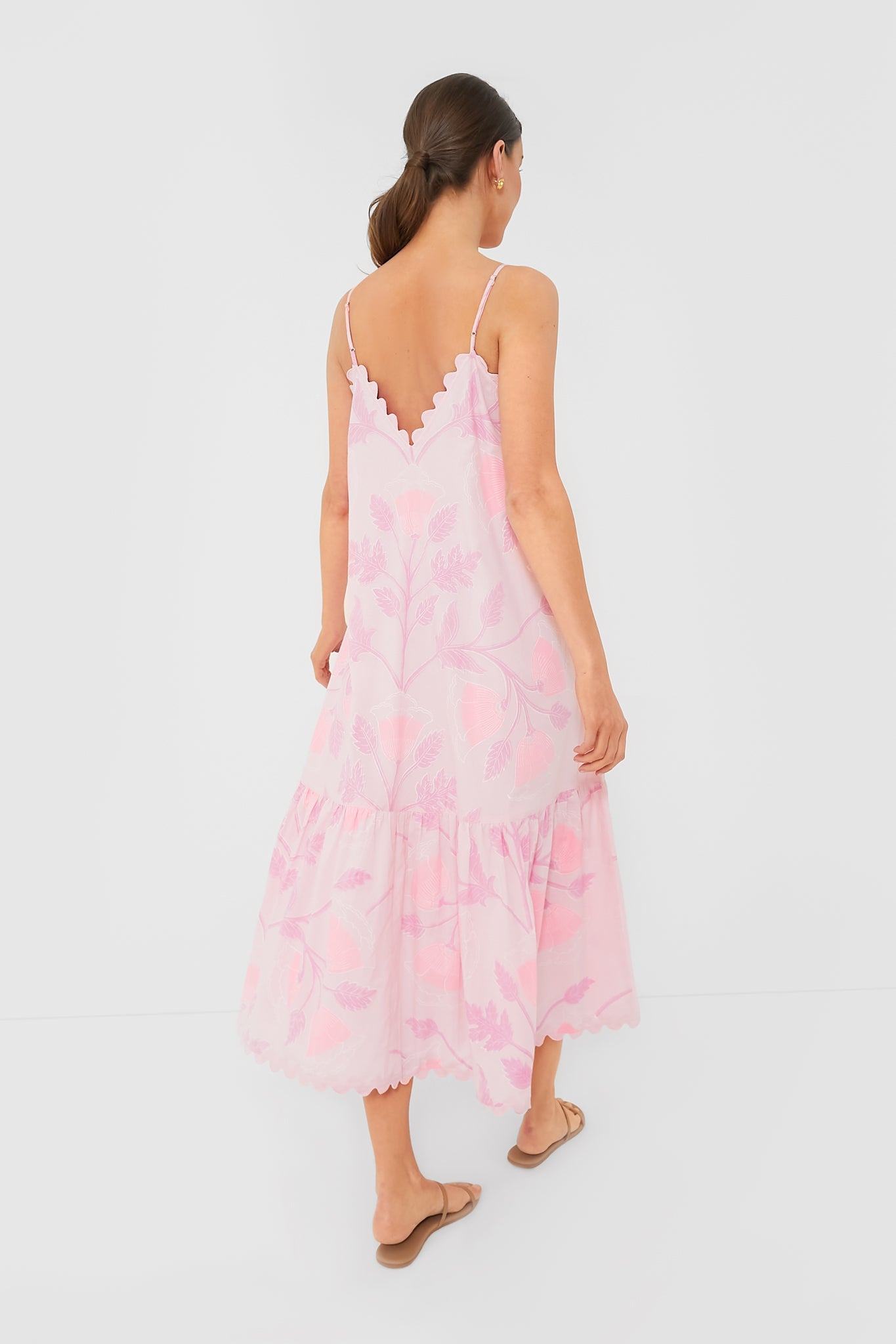 Pale Pink V-Neck Midi Dress with Bellflower Block Print-Beilave