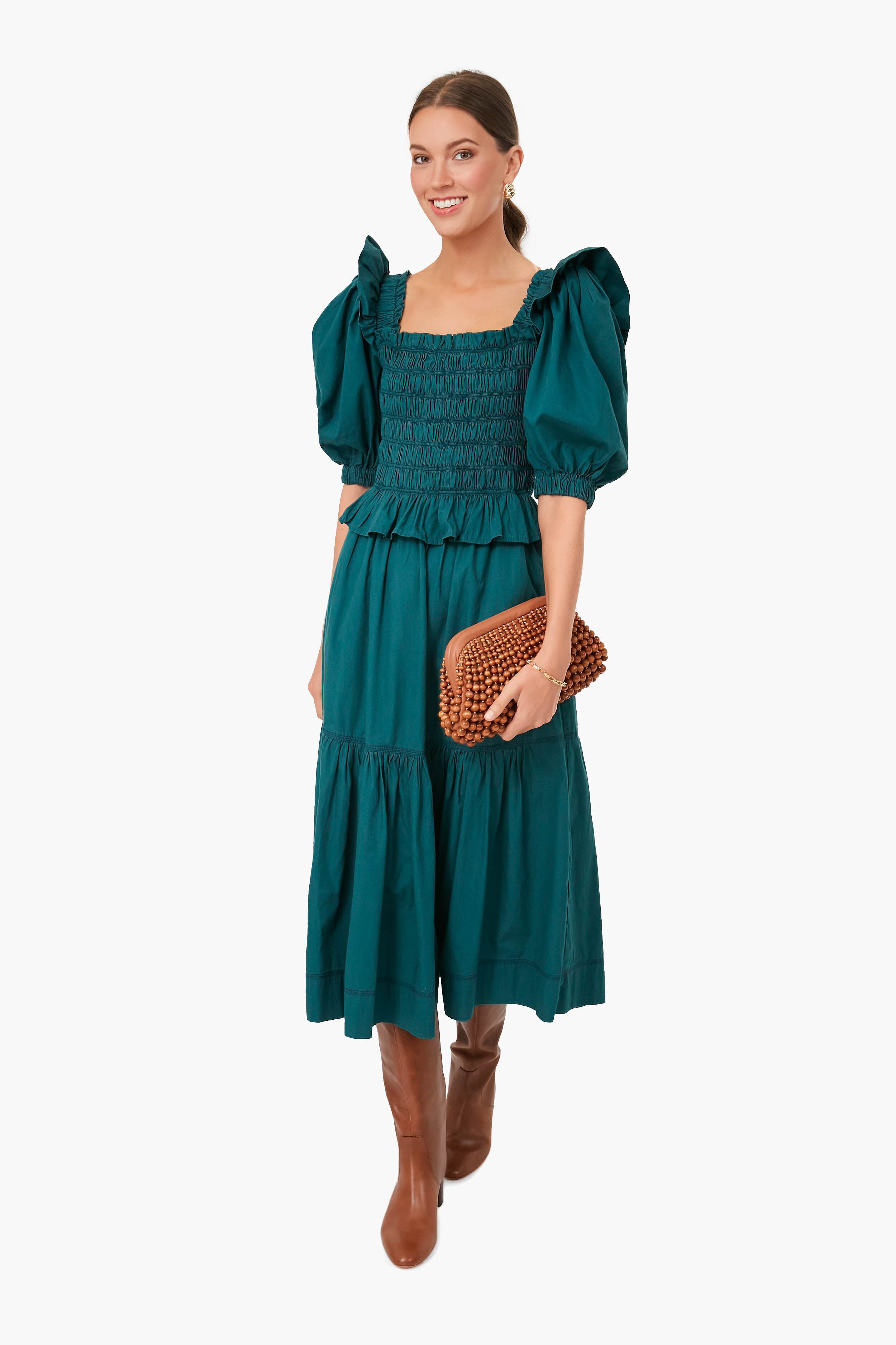 Forest Sybil Solid Cotton Puff Sleeve Smocked Dress-Beilave