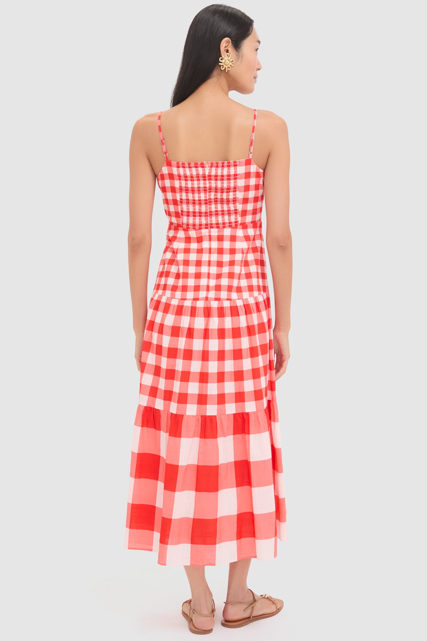 Red Gingham and Shell Taylor Midi Dress-Beilave