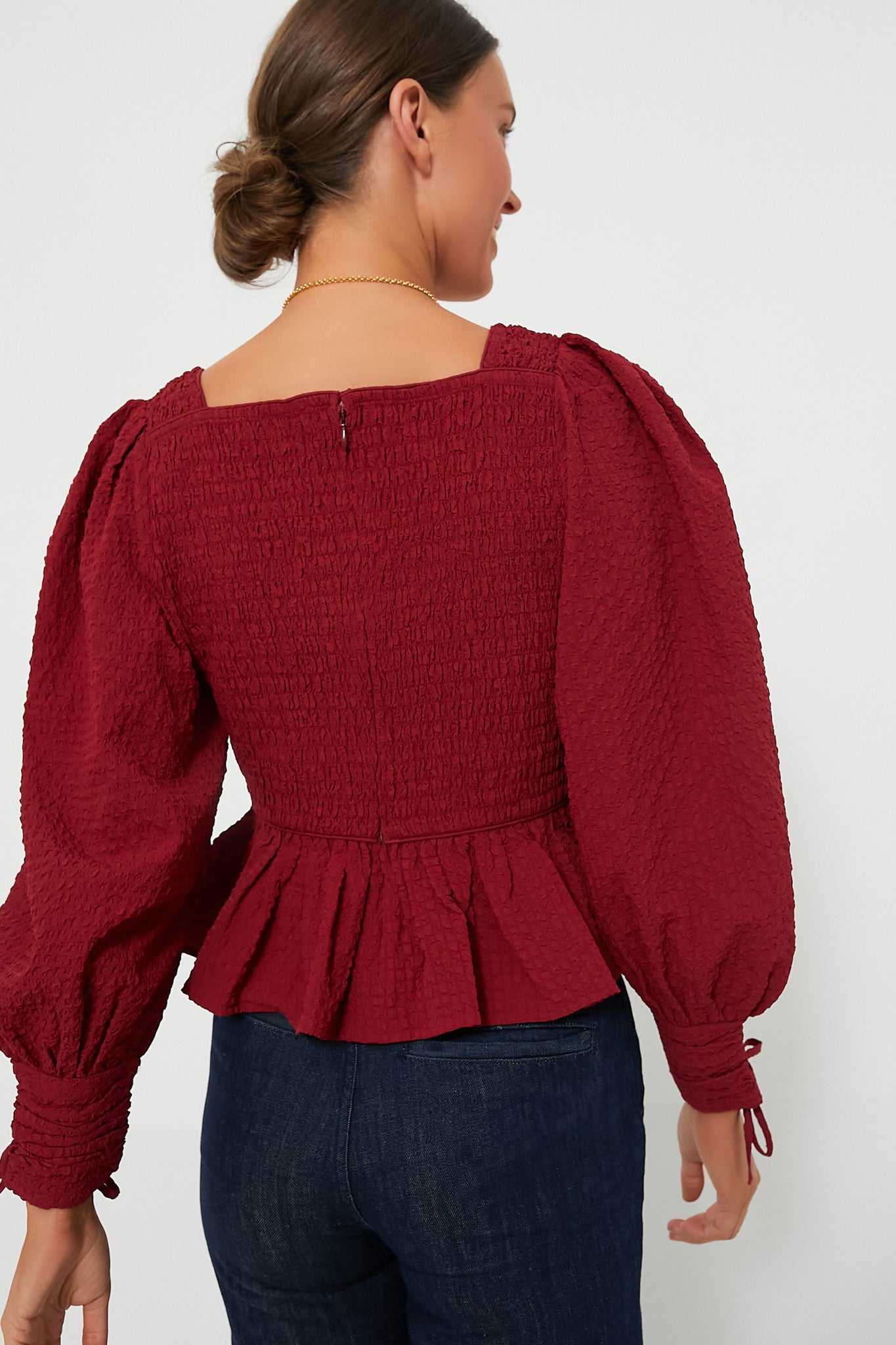 Red Regina Seersucker Longsleeve Top-Beilave