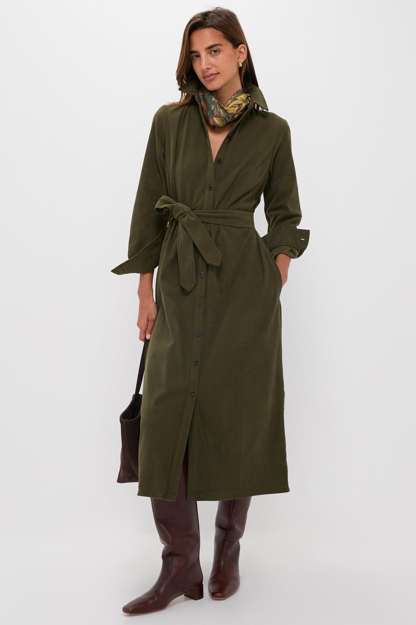 Olive Wide Wale Corduroy Tara Shirt Dress-Beilave