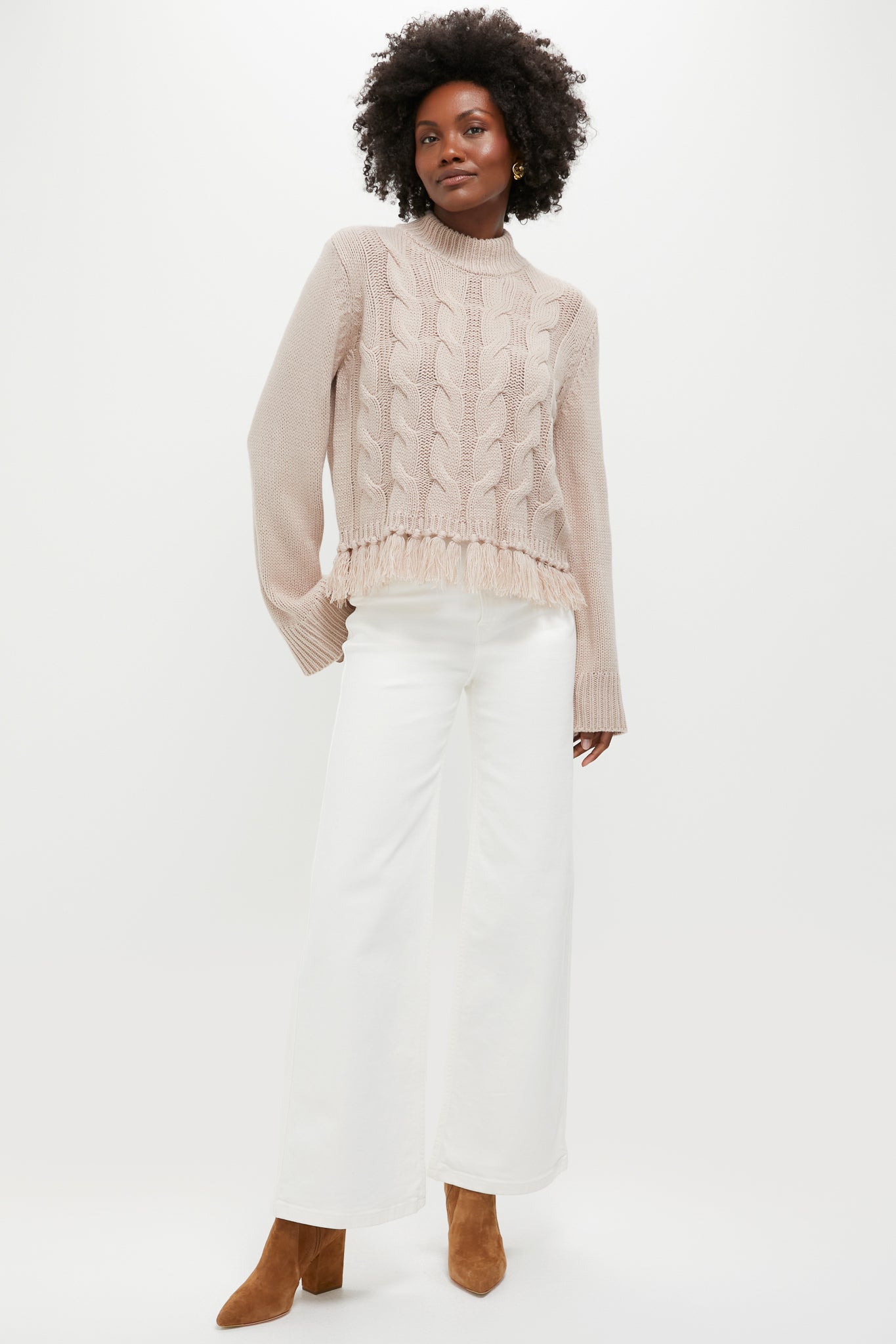 Taupe Fringe Cable Knit Carly Sweater-Beilave