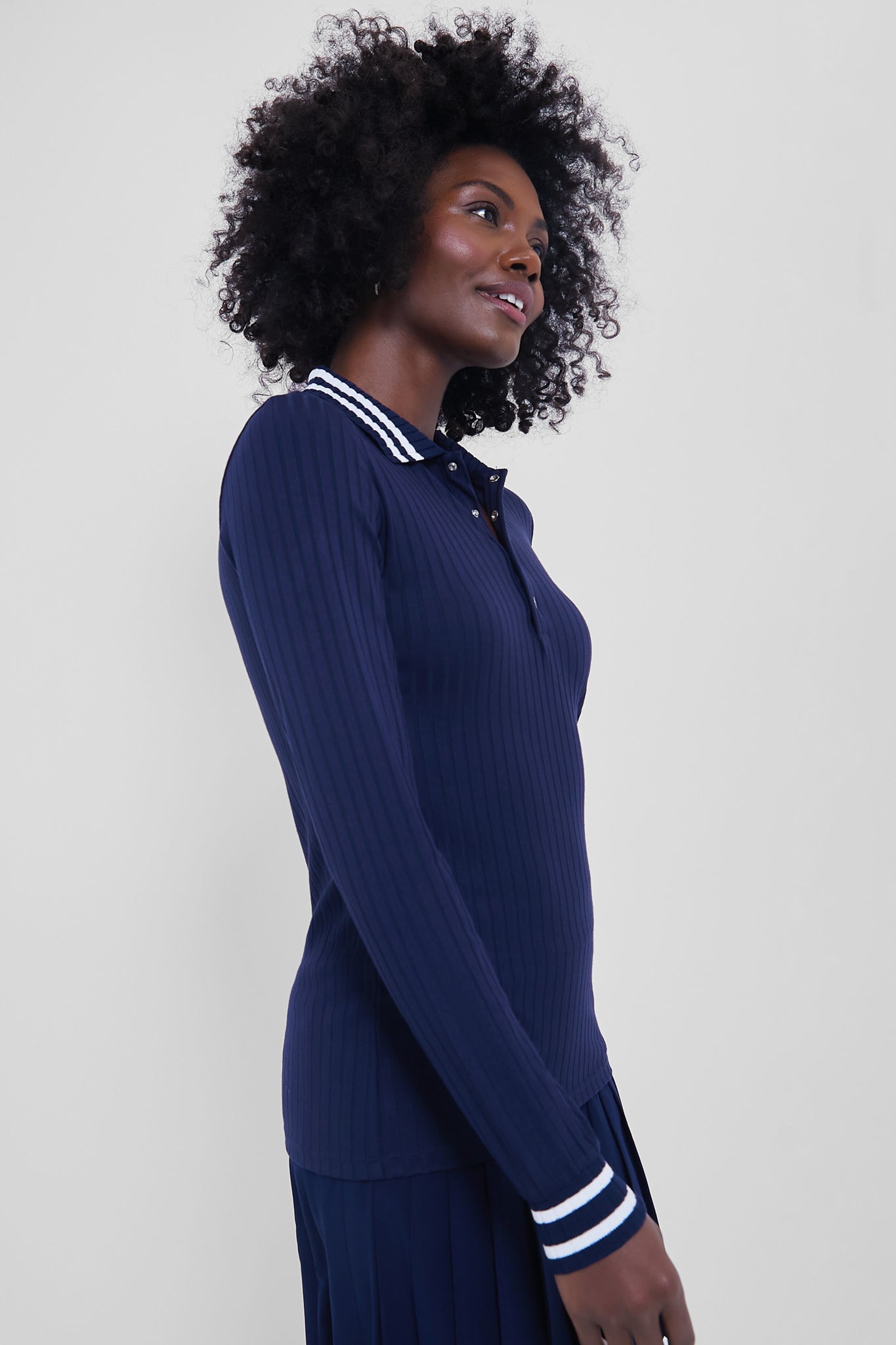 Refined Navy Long Sleeve Drop Needle Rib Knit Polo-Beilave