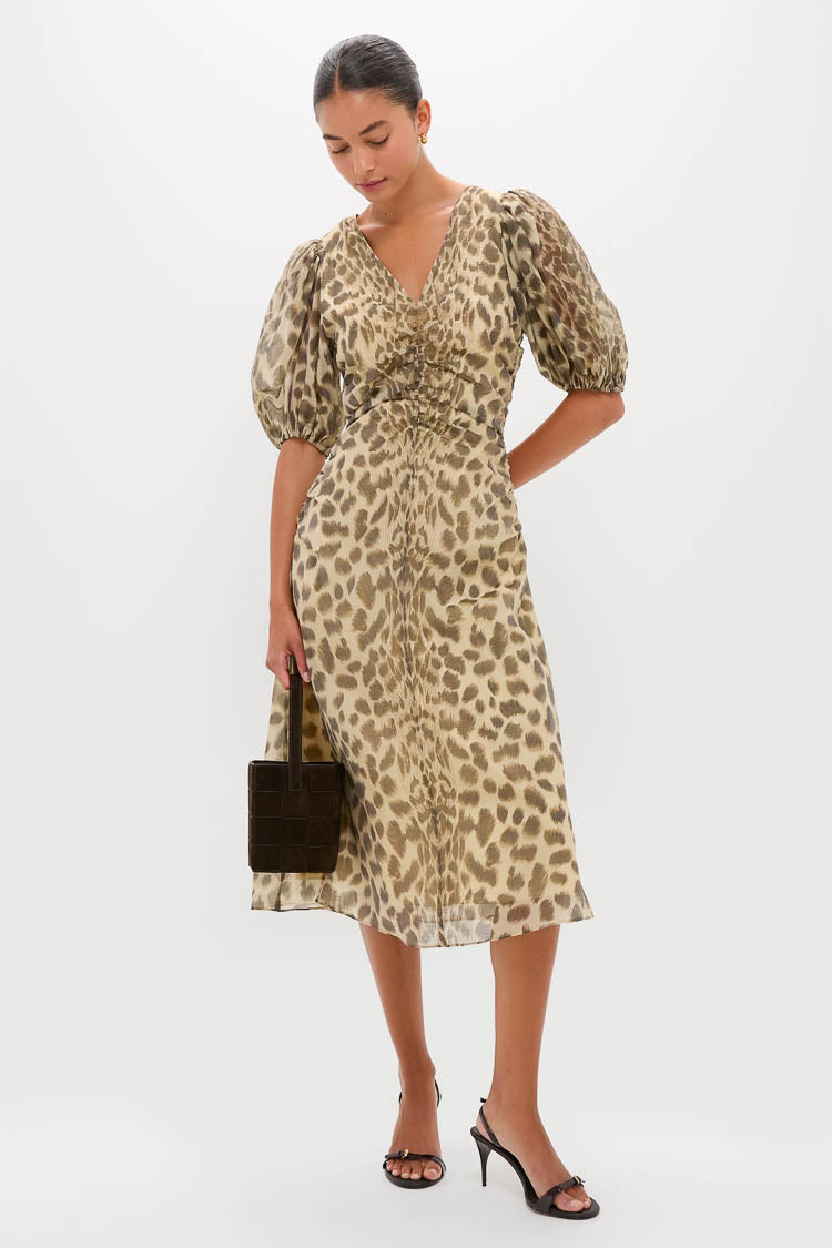 Cream Claude Print Puff Sleeve Midi Dress-Beilave