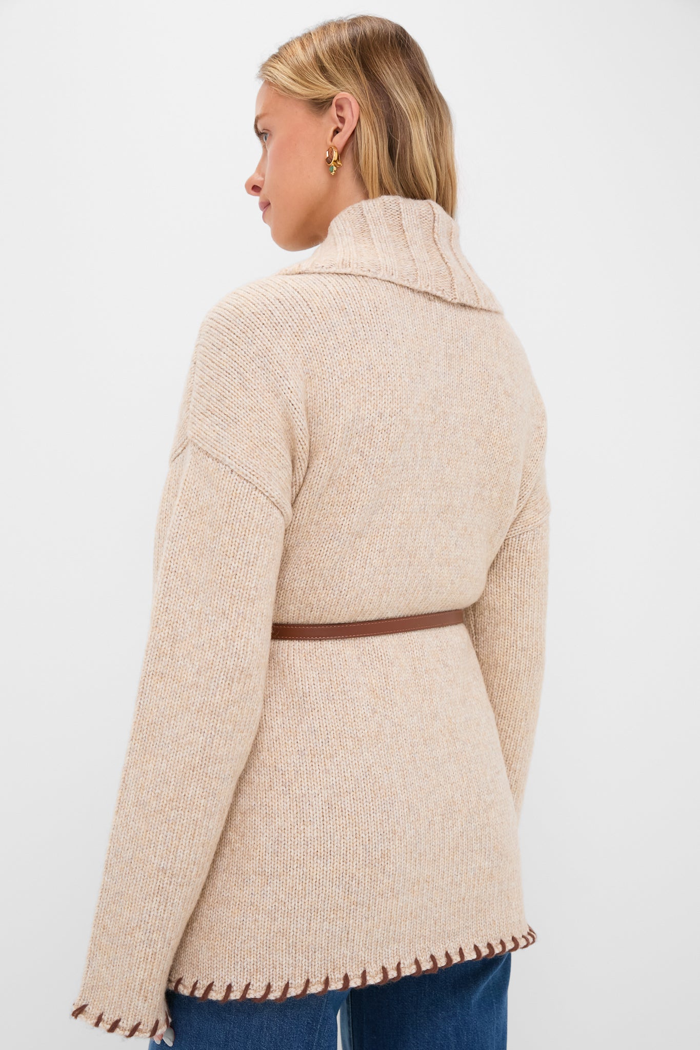 Sandstone Heather and Brown Blanket Stitch Harrow Cardigan-Beilave