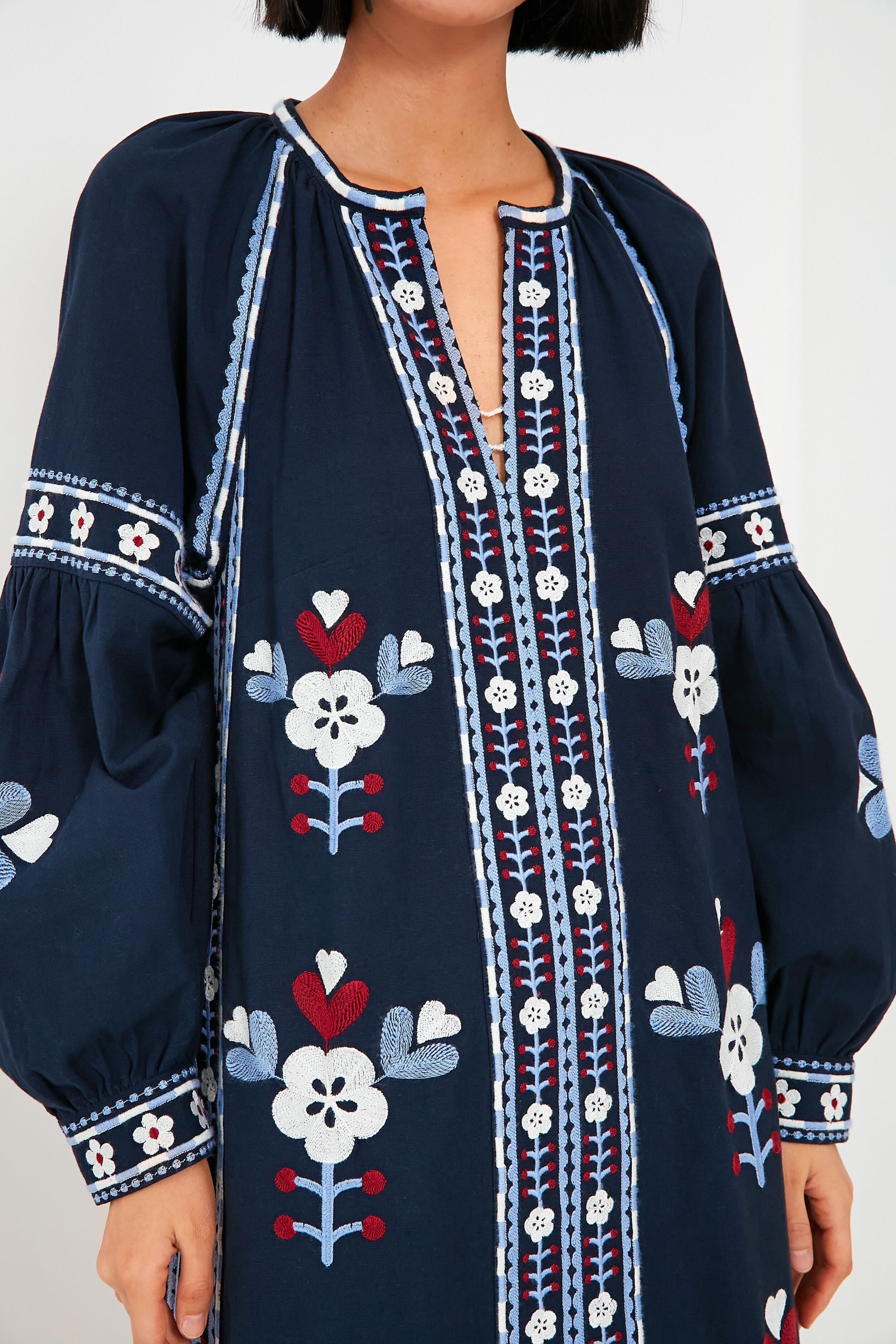 Exclusive Navy Shaina Embroidery Long Sleeve Dress-Beilave