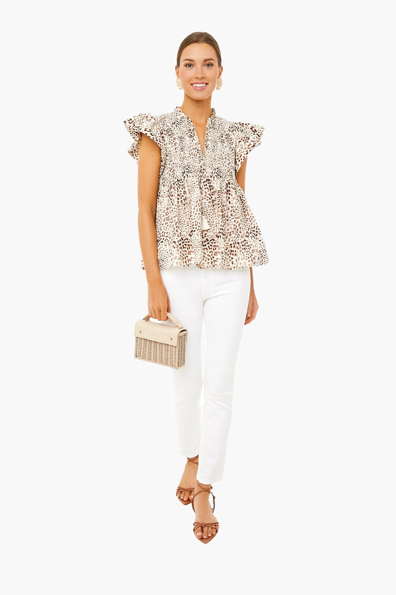 Day Calla Cheetah Flutter Sleeve Smocked Top-Beilave