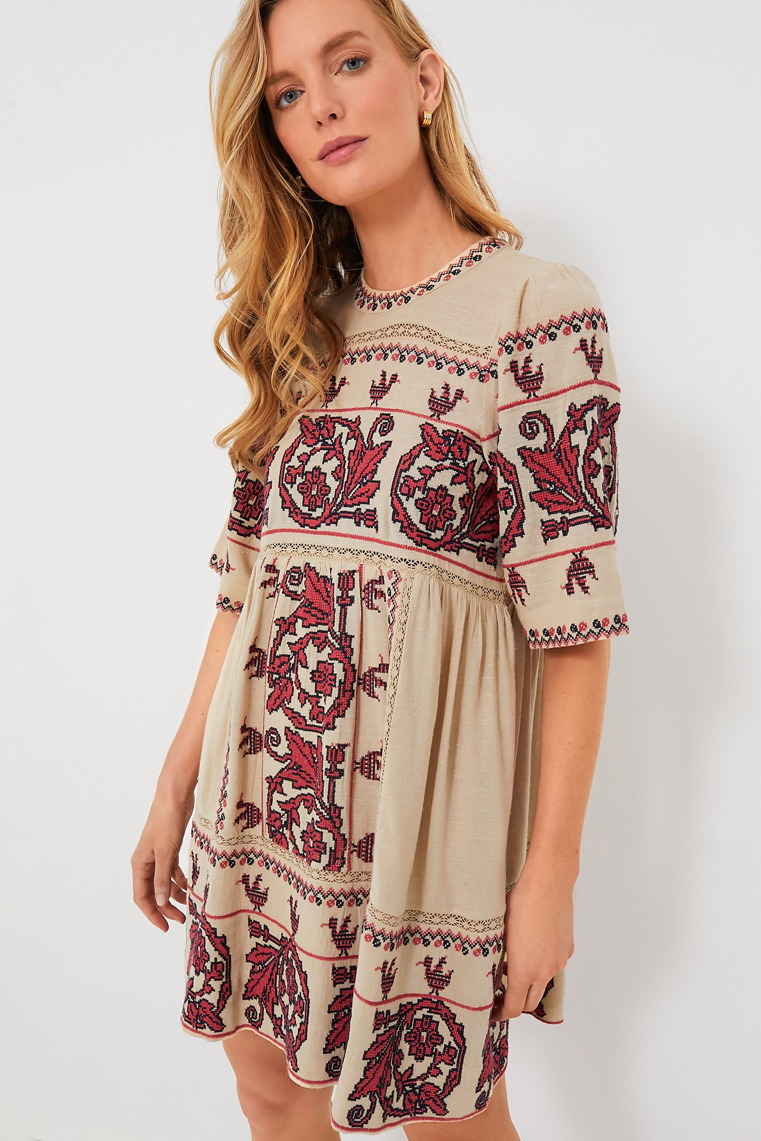 Taupe Beena Embroidery Shortsleeve Dress-Beilave