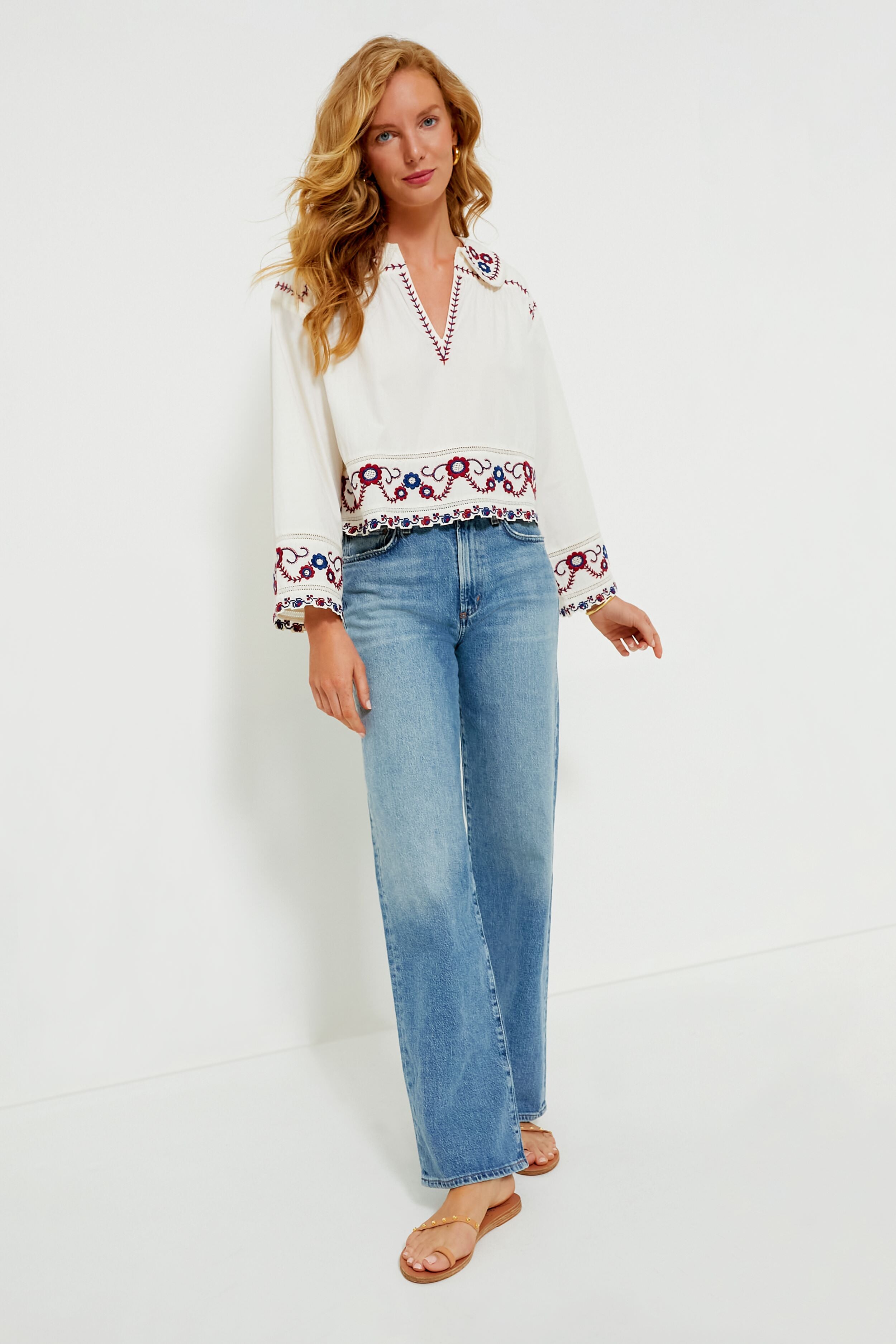 Cream Multi Soren Embroidery Long Sleeve Top-Beilave