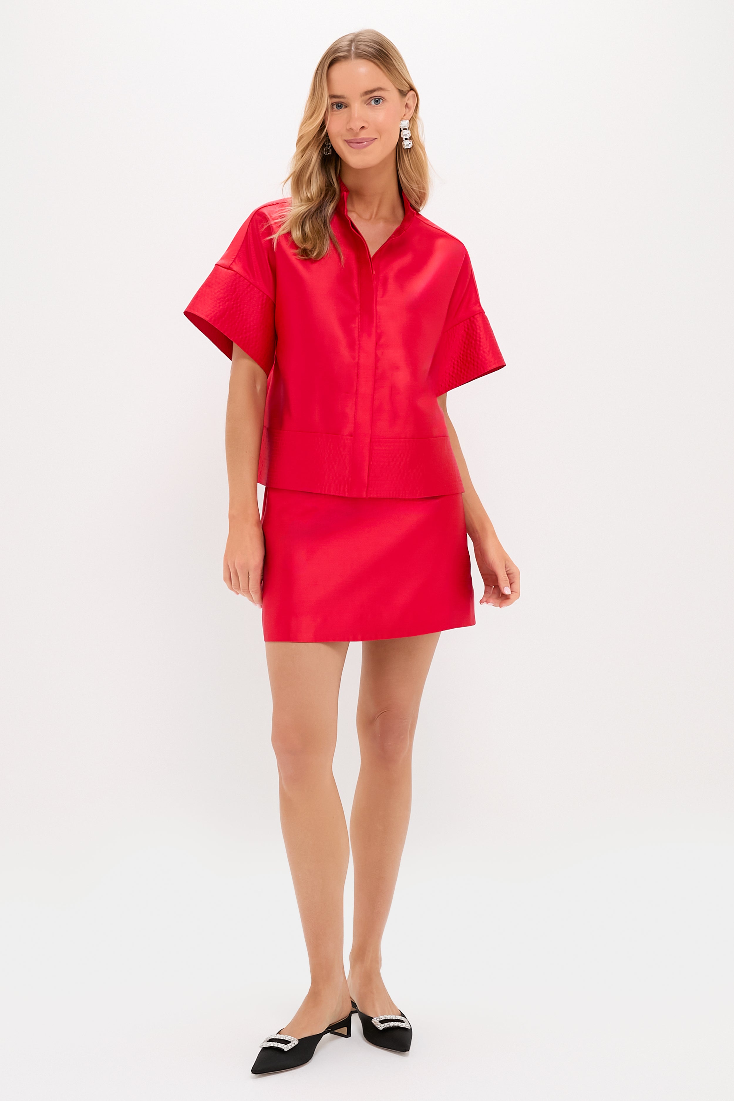 Red Dupioni Trapunto Stitch Sofia Shirt-Beilave