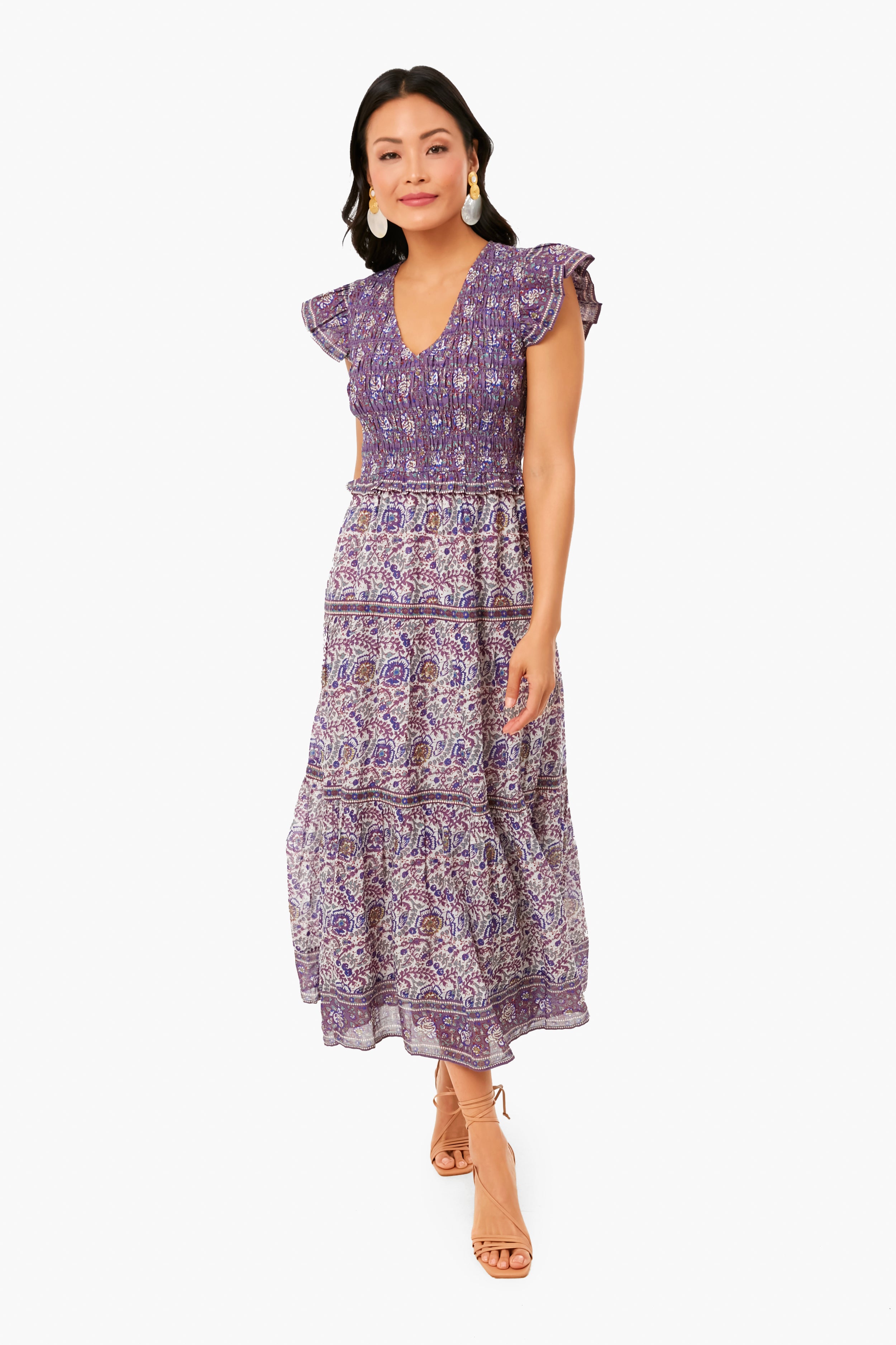 Exclusive Purple Rosita Border Smocked Midi Dress-Beilave