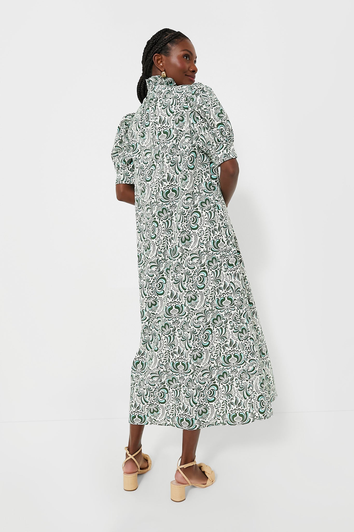 Green Floral Linen Ruffle Collar Louisa Maxi Dress-Beilave