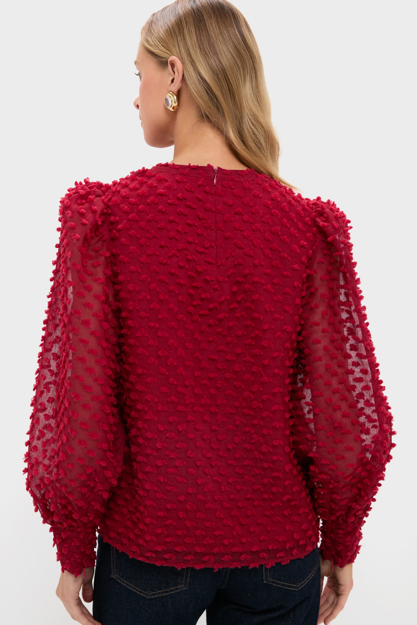 Red Textured Long Sleeve Harriet Blouse-Beilave