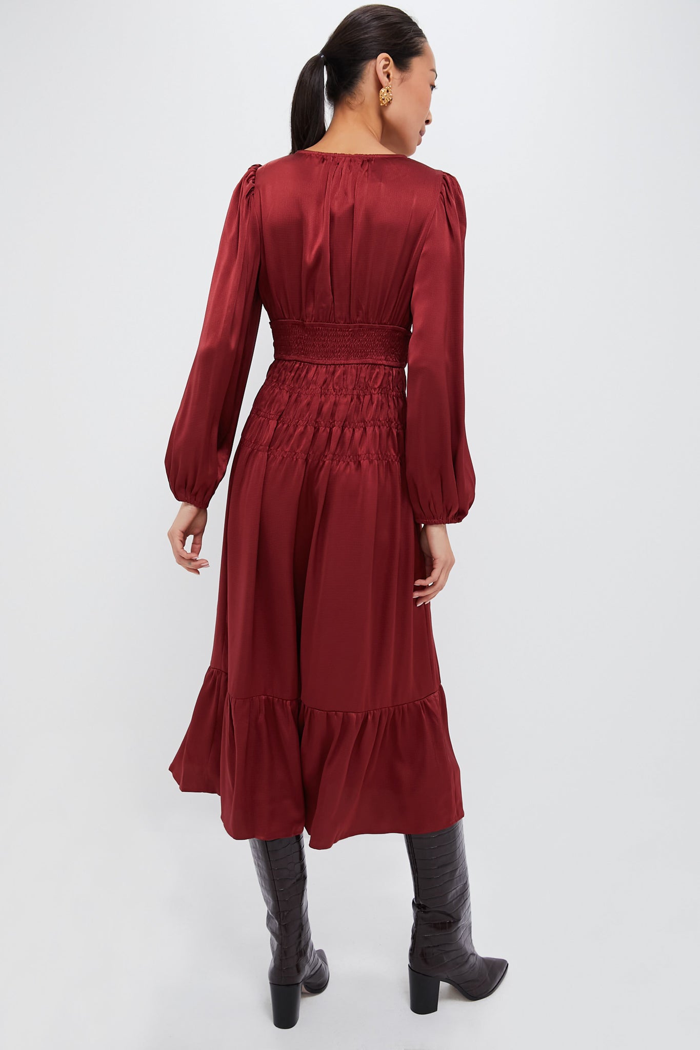 Wine V Neck Midi Dress-Beilave