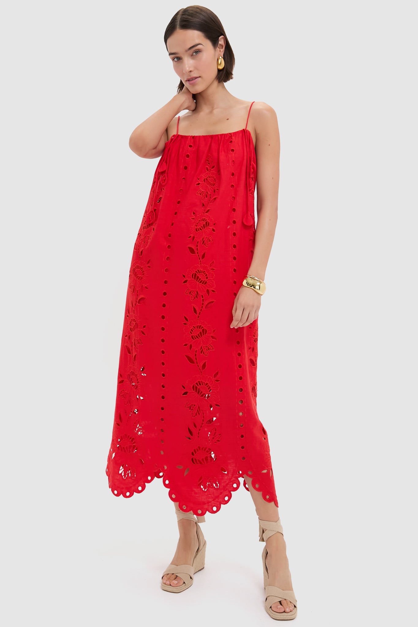 Red Flowers Richilieu Sleeveless Maxi Dress-Beilave