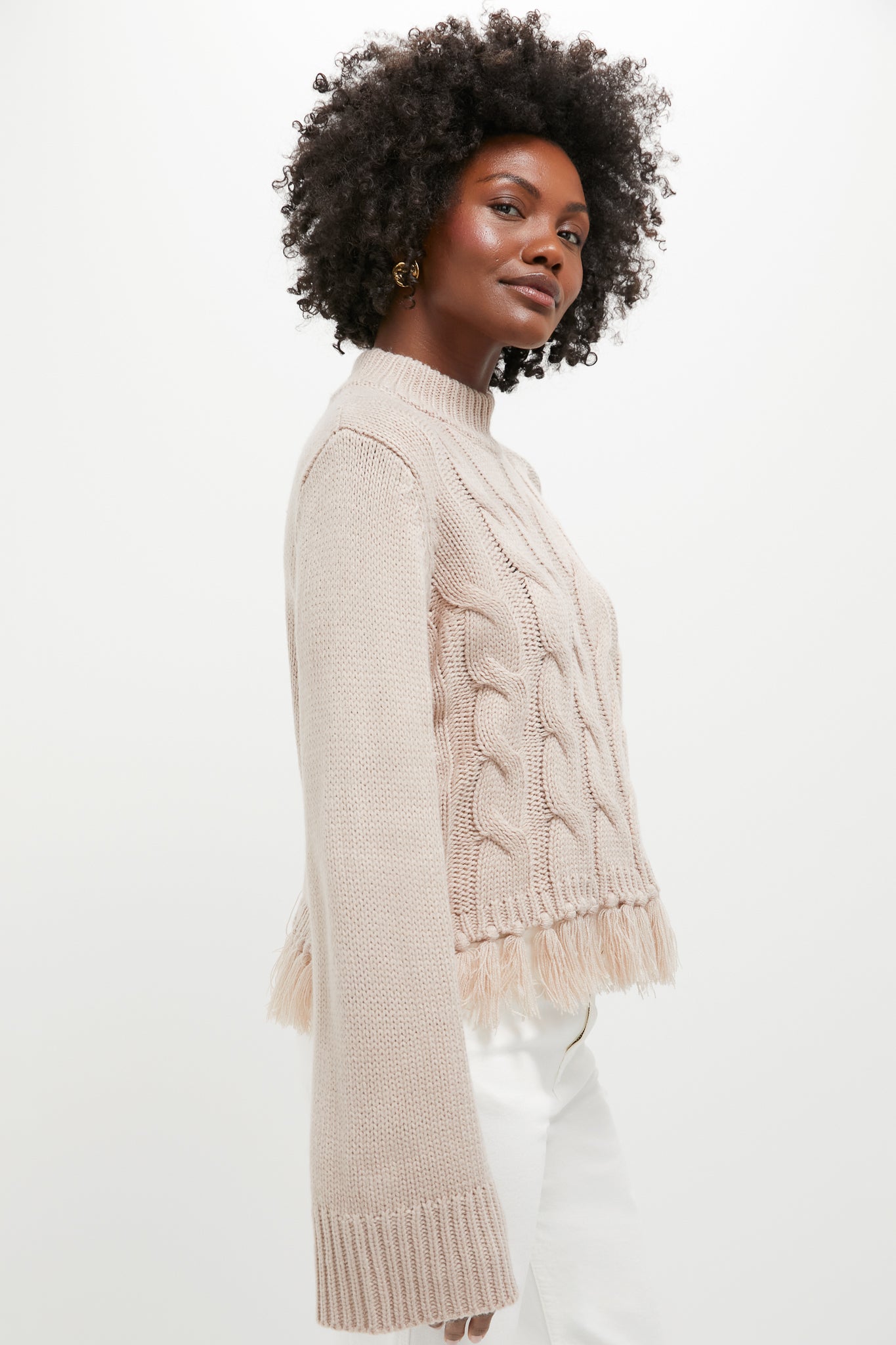 Taupe Fringe Cable Knit Carly Sweater-Beilave