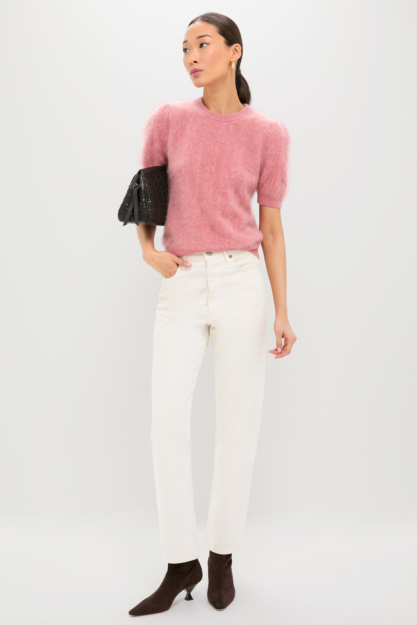 Dusty Rose Brushed Merino Wool Puff Sleeve Lexie Sweater-Beilave
