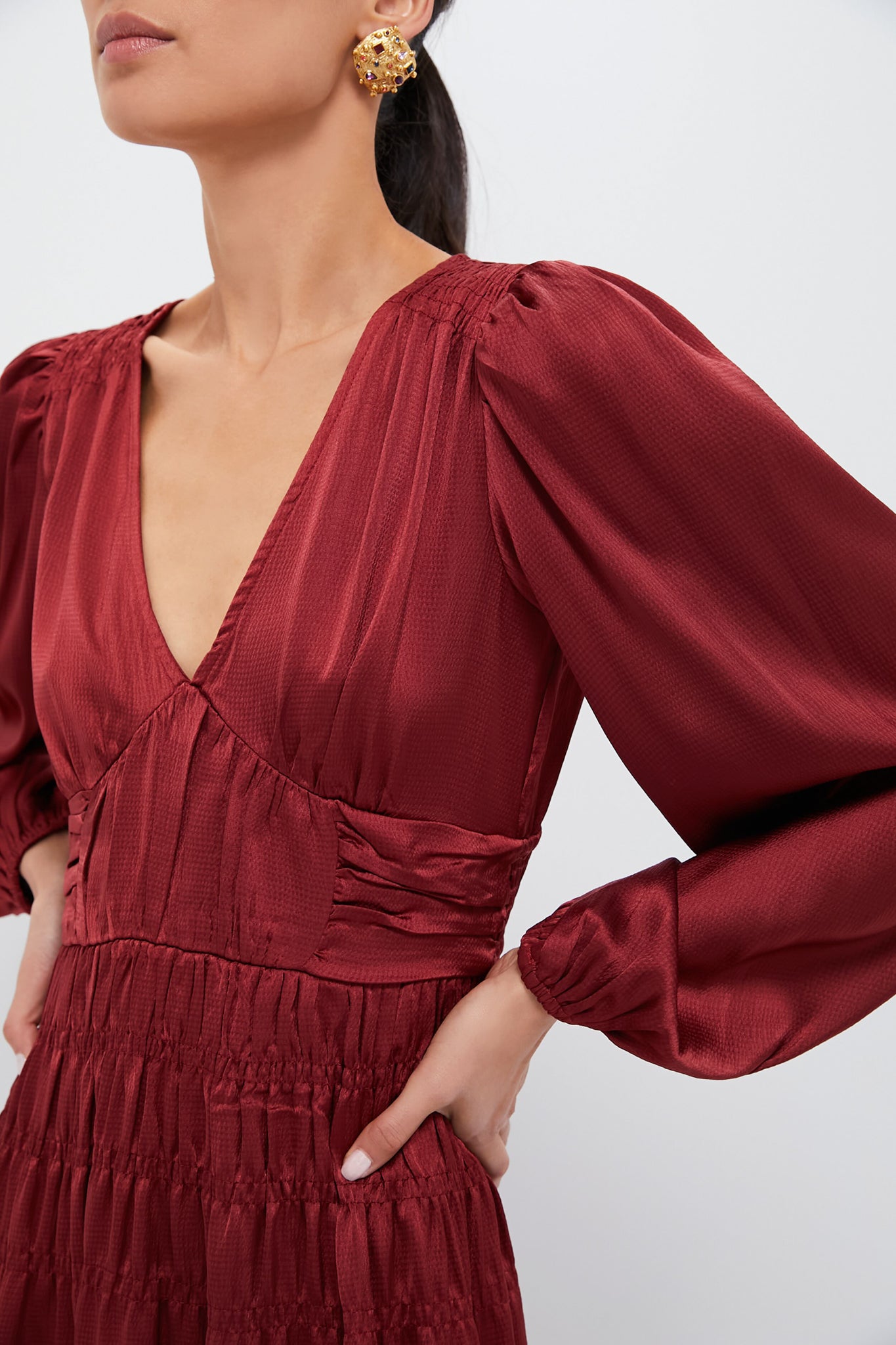 Wine V Neck Midi Dress-Beilave