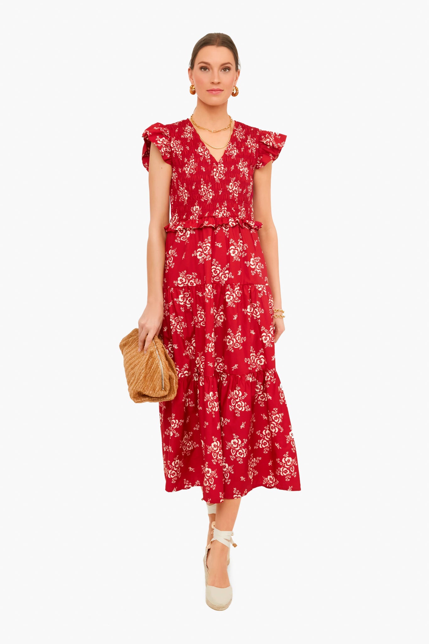 Exclusive Red Alessia Print Smocked Tiered Midi Dress-Beilave