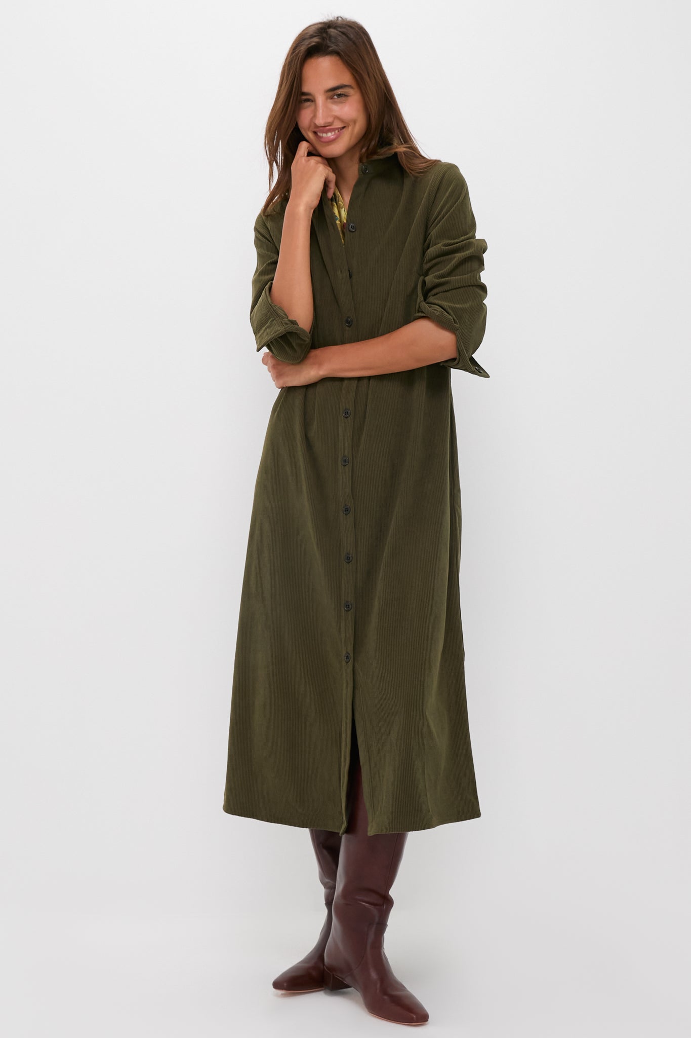 Olive Wide Wale Corduroy Tara Shirt Dress-Beilave