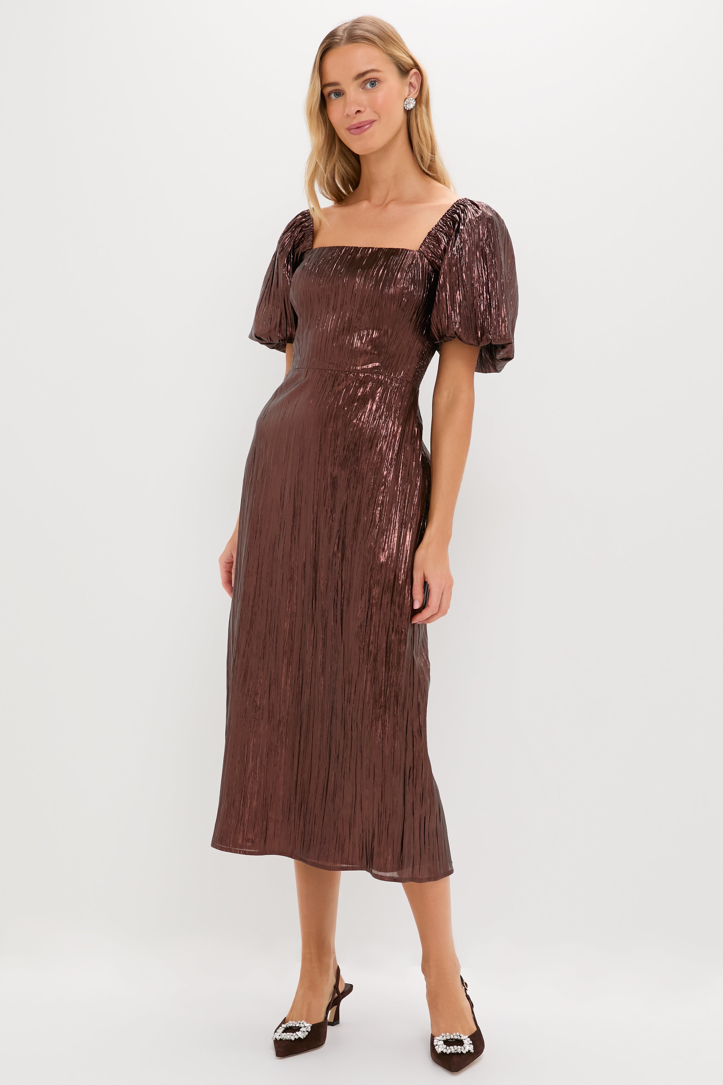 Bronze Metallic Plisse Gladys Puff Sleeve Midi Dress-Beilave