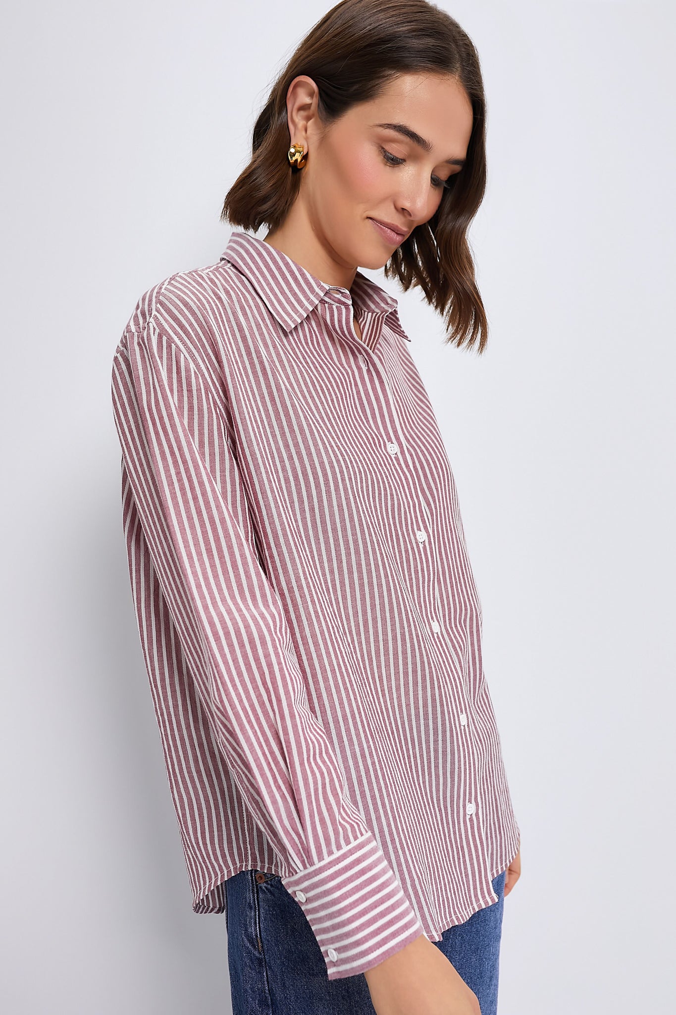 Washed Red Pointelle Stripe Nadine Boyfriend Button Down-Beilave
