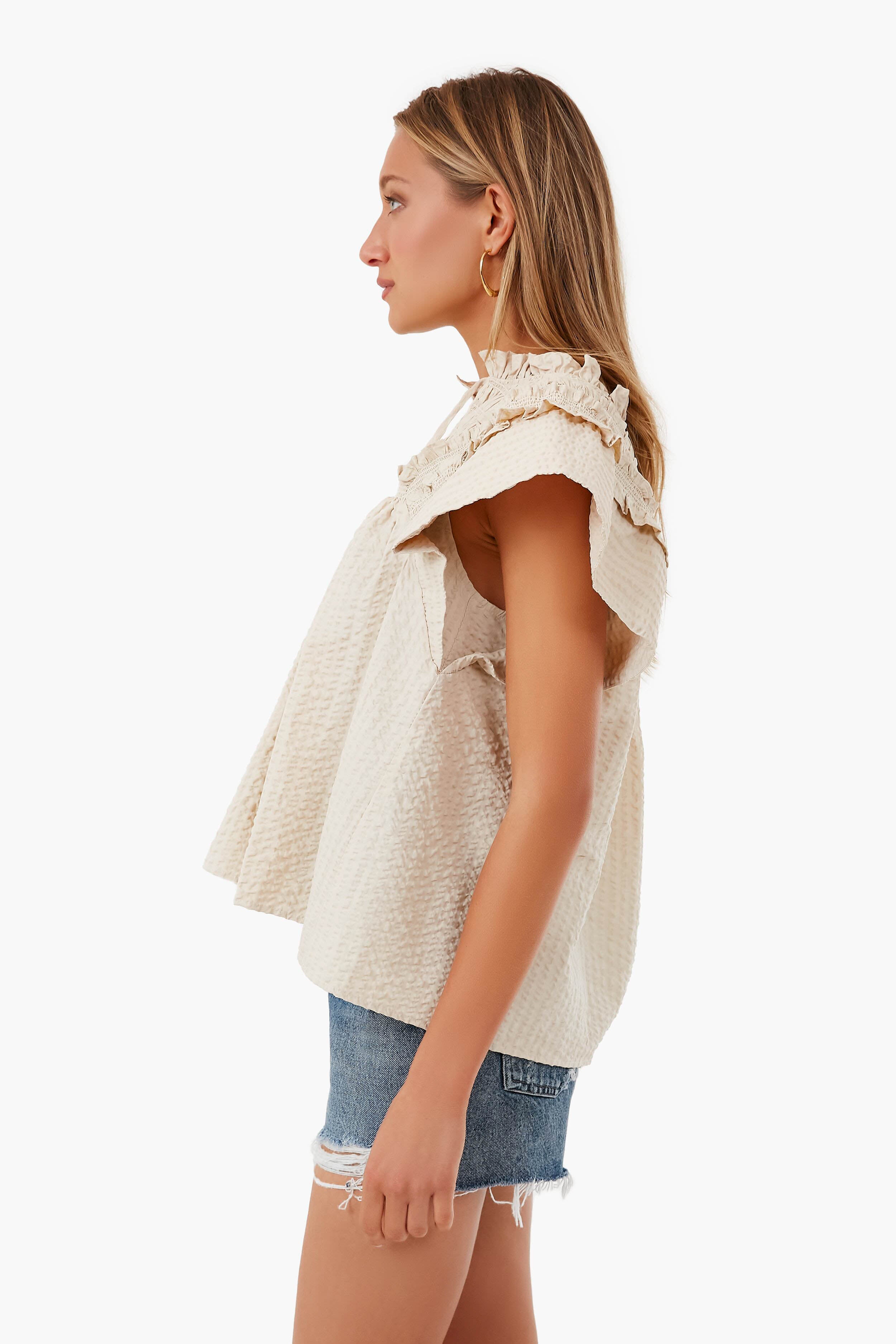 Cream Sevyn Solid Seersucker Short Sleeve Top-Beilave