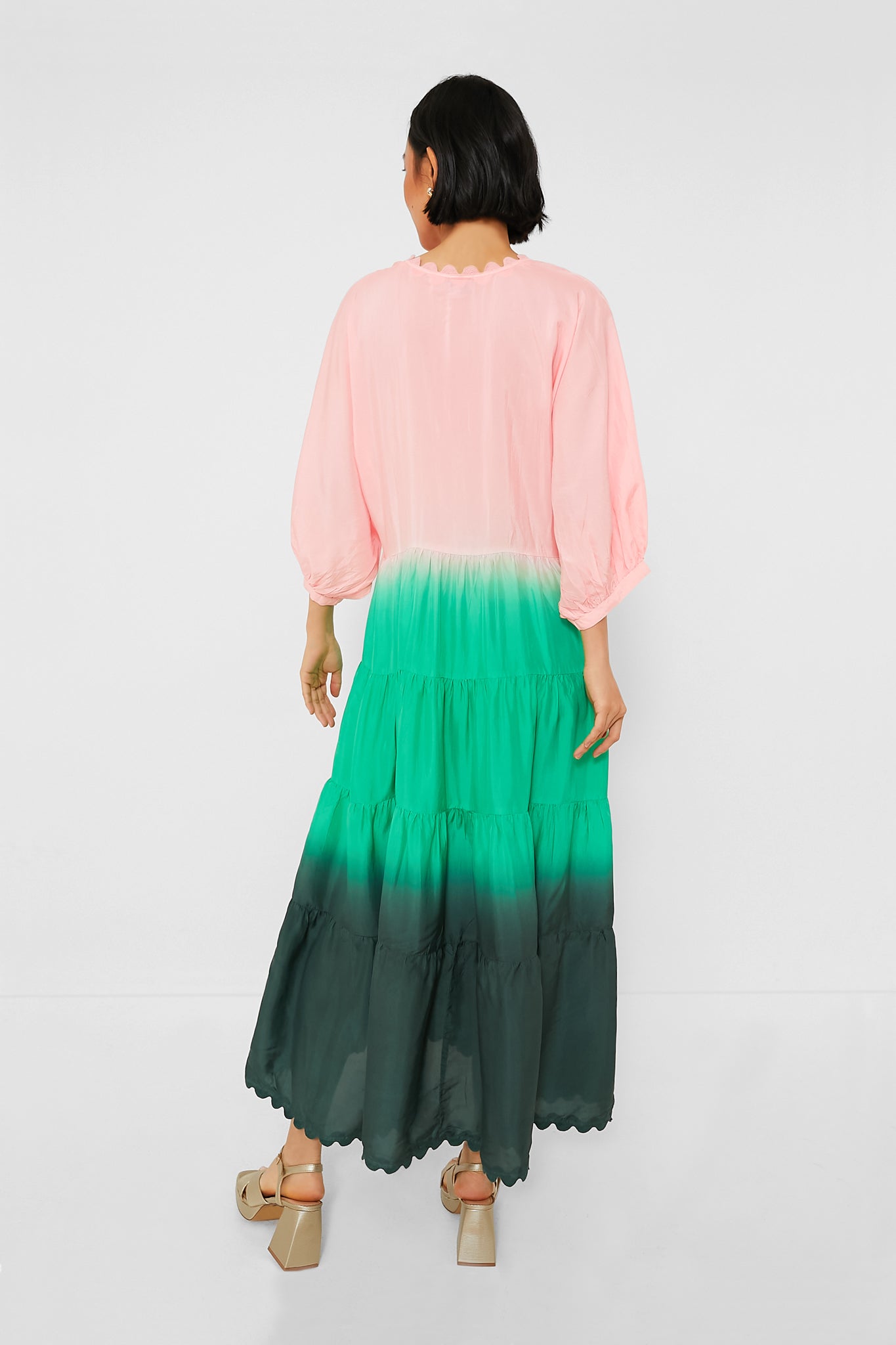 Peach and Emerald Bottle Green Ombre V-Neck Loose Maxi Dress with Ric Rac Trim-Beilave