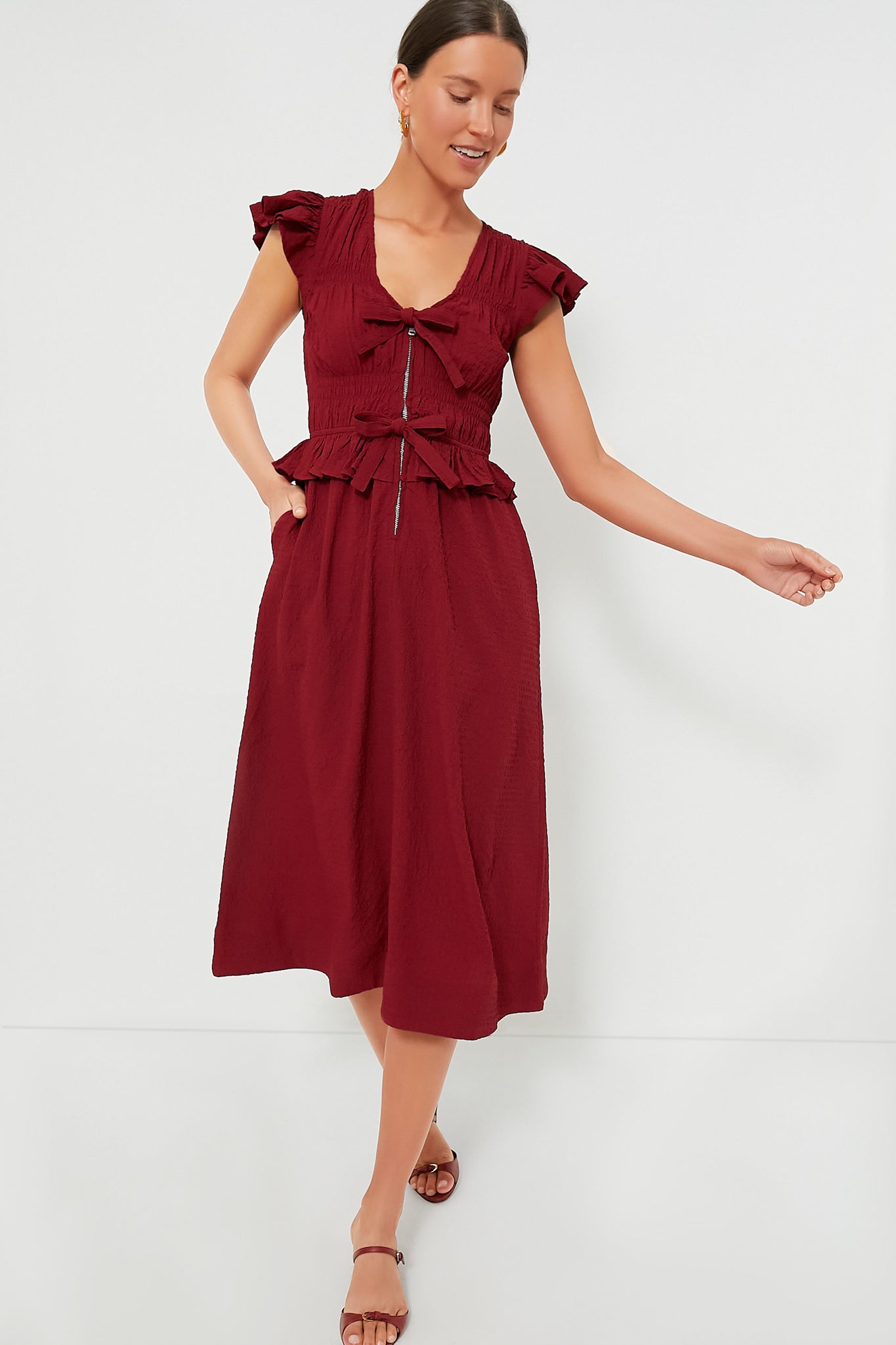 Red Regina Seersucker Flutter Sleeve Dress-Beilave