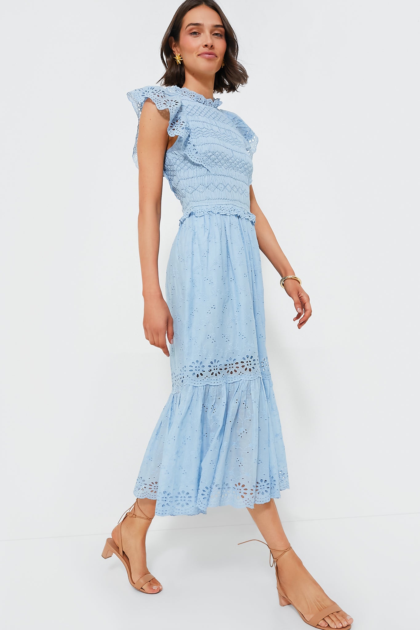 Sky Veronique Embroidery Flutter Sleeve Dress-Beilave