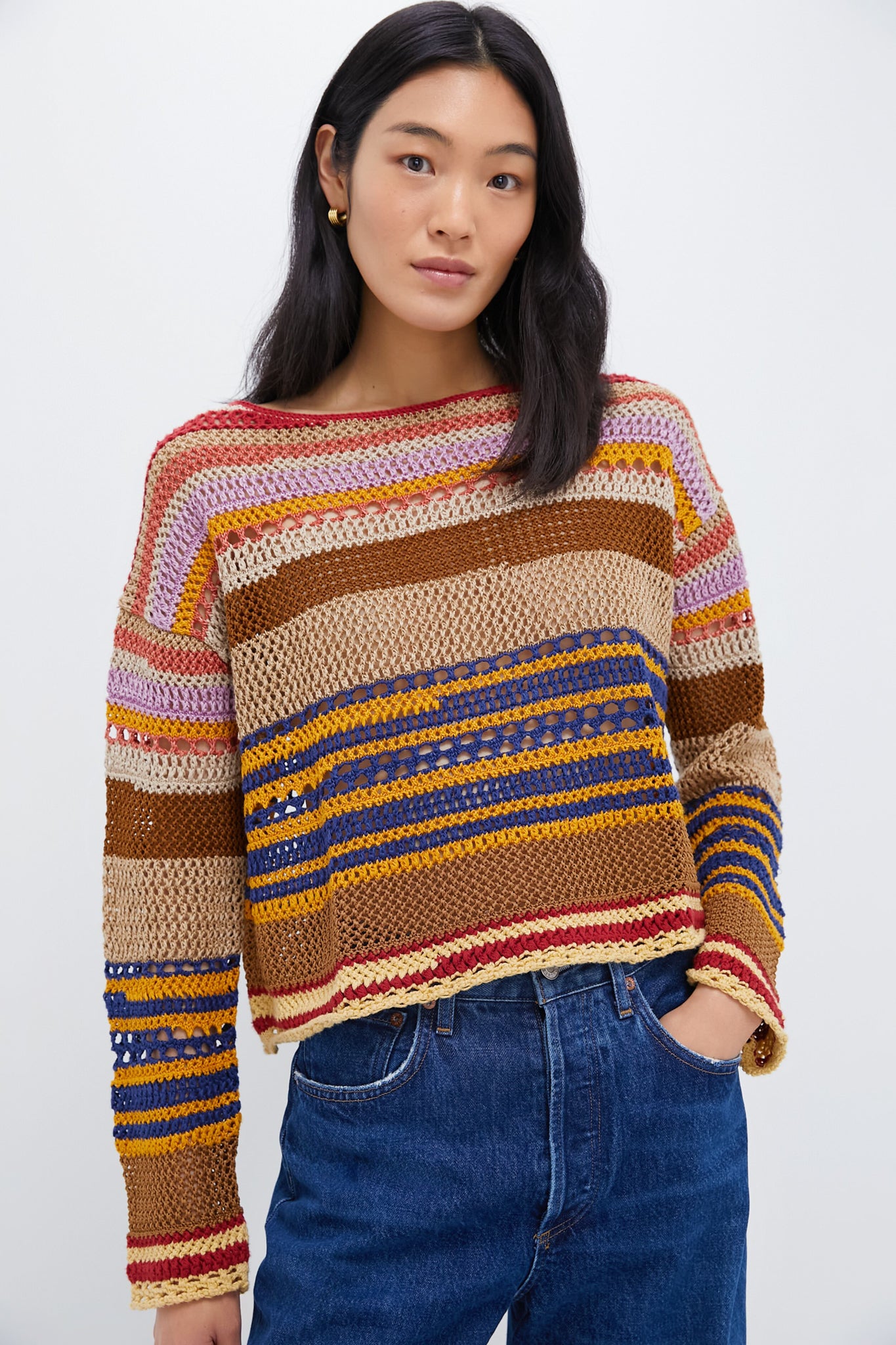 Tan Multi Linen Blend Stripe Long Sleeve Pullover-Beilave