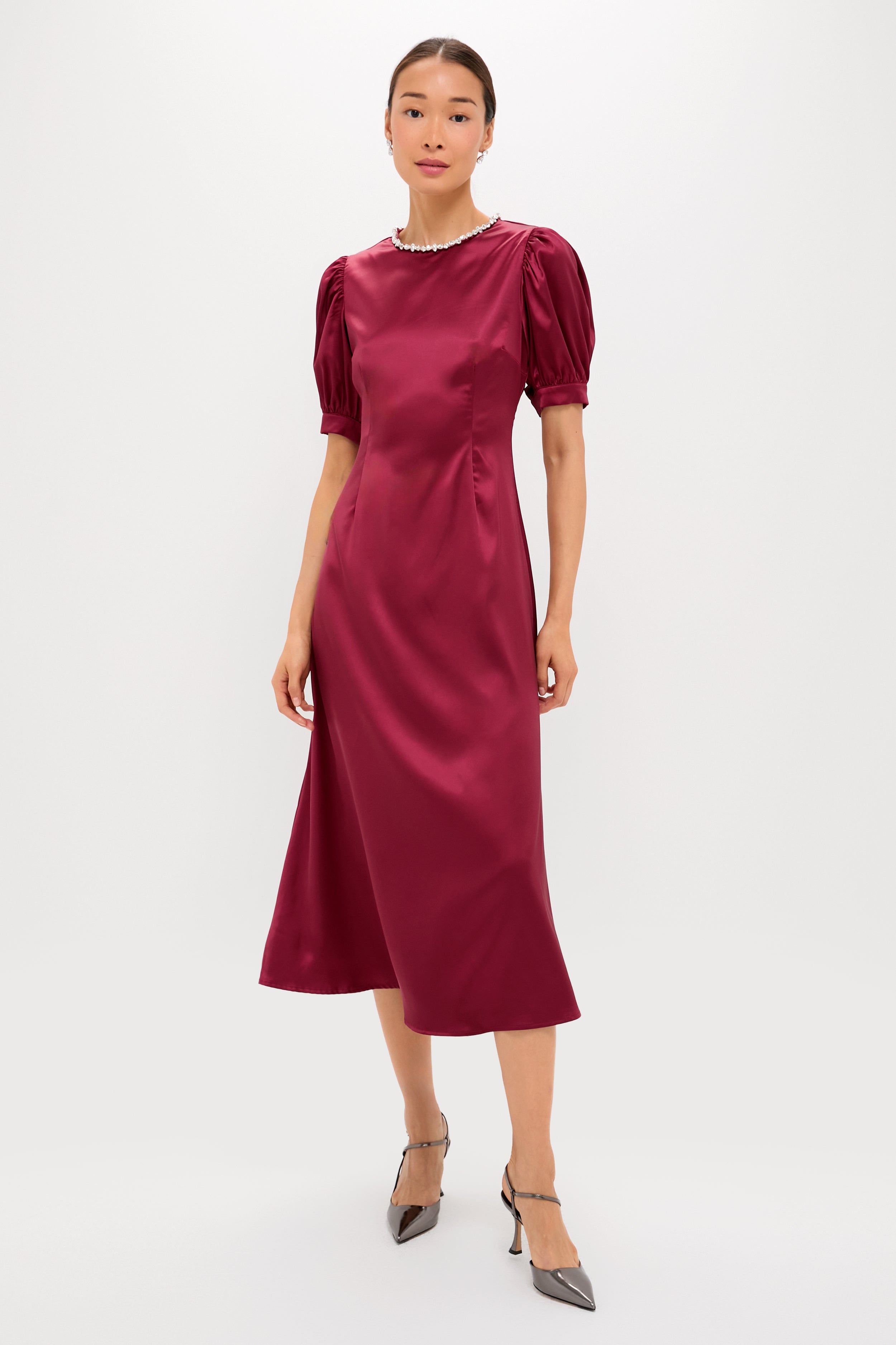 Oxblood Embellished Sappho Midi Dress-Beilave