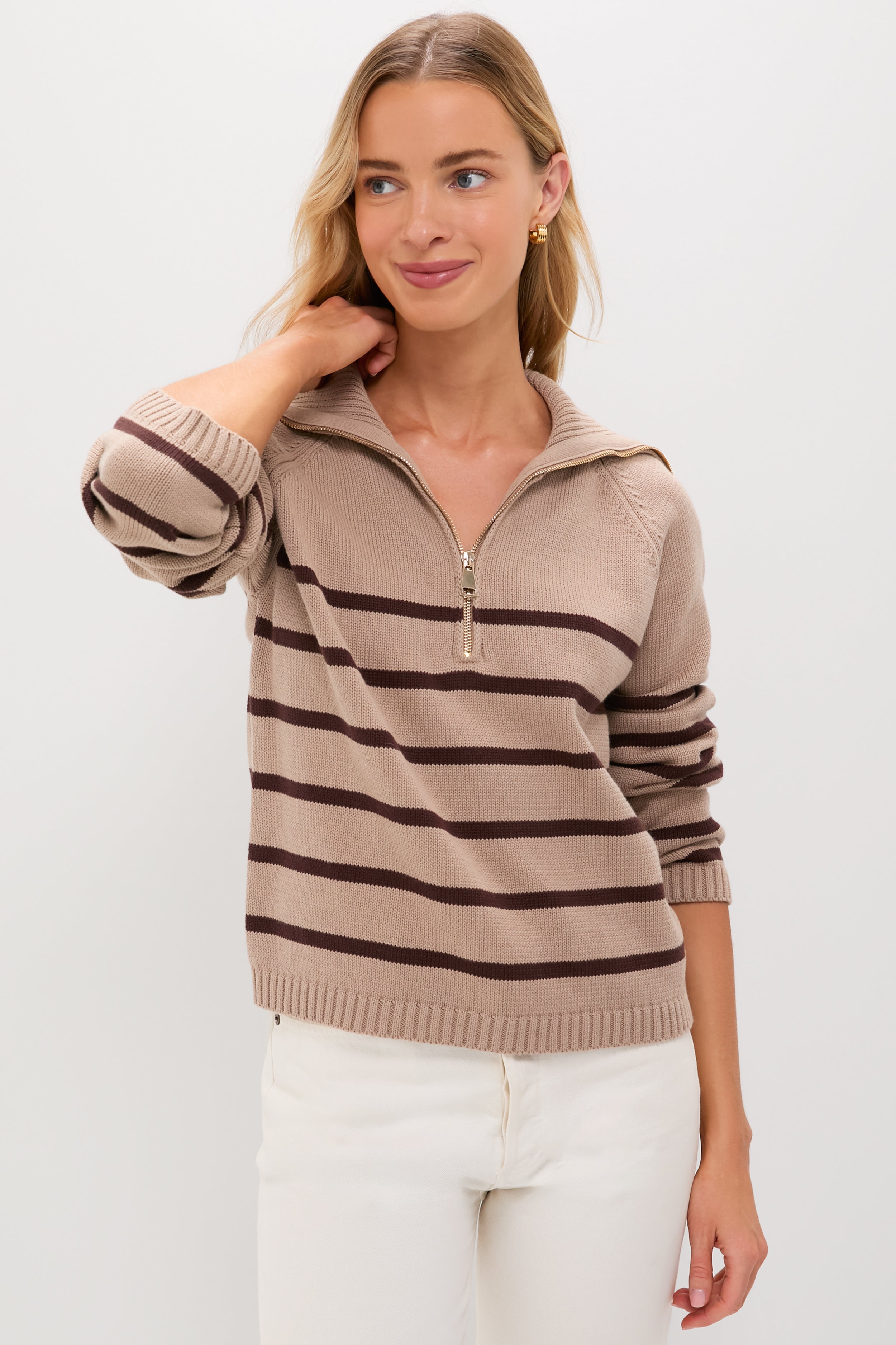 Tan & Brown Stripe Jasper Quarter Zip Sweater-Beilave
