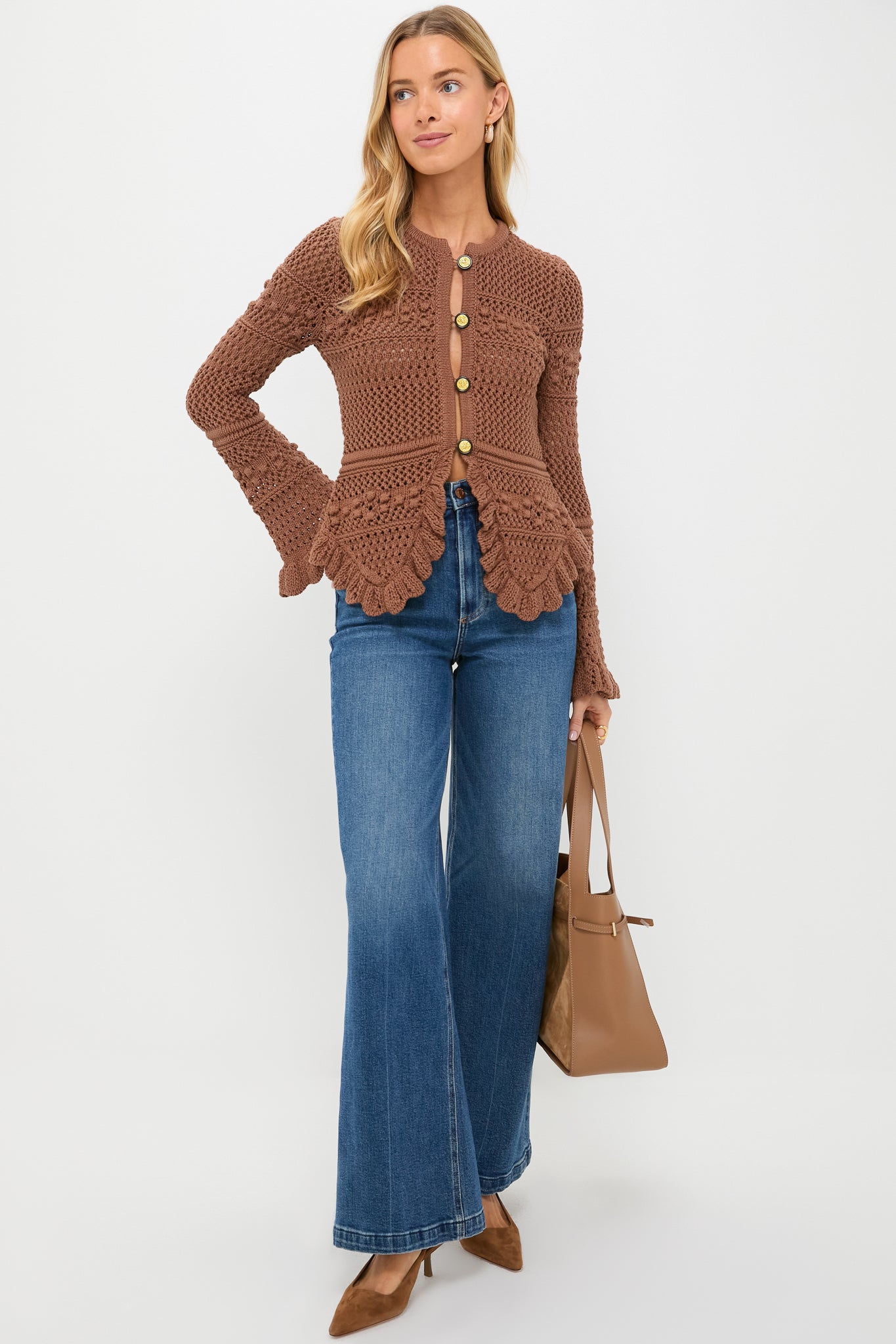 Dark Cinnamon Swirl Kiva Open Stitch Ruffle Cardi-Beilave