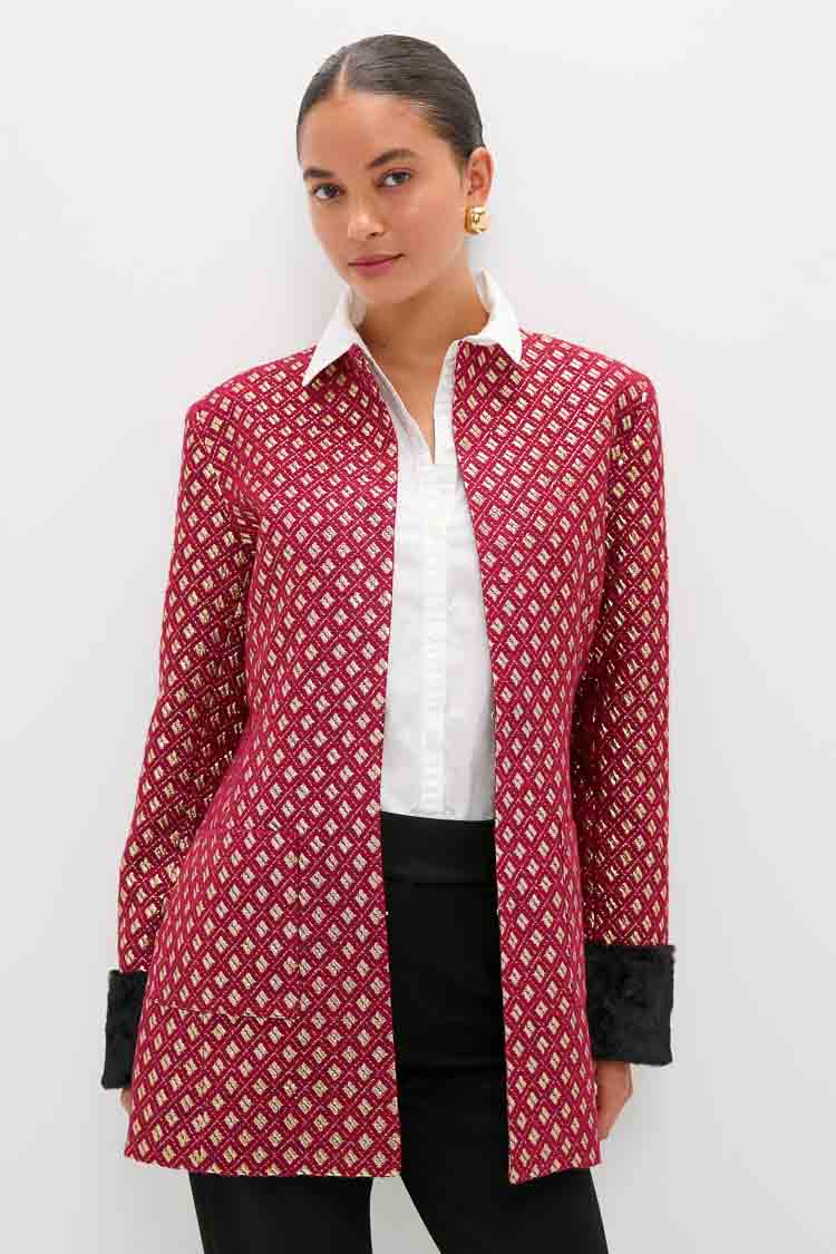 Burgundy and Gold Lea Geom Fur Jacket-Beilave