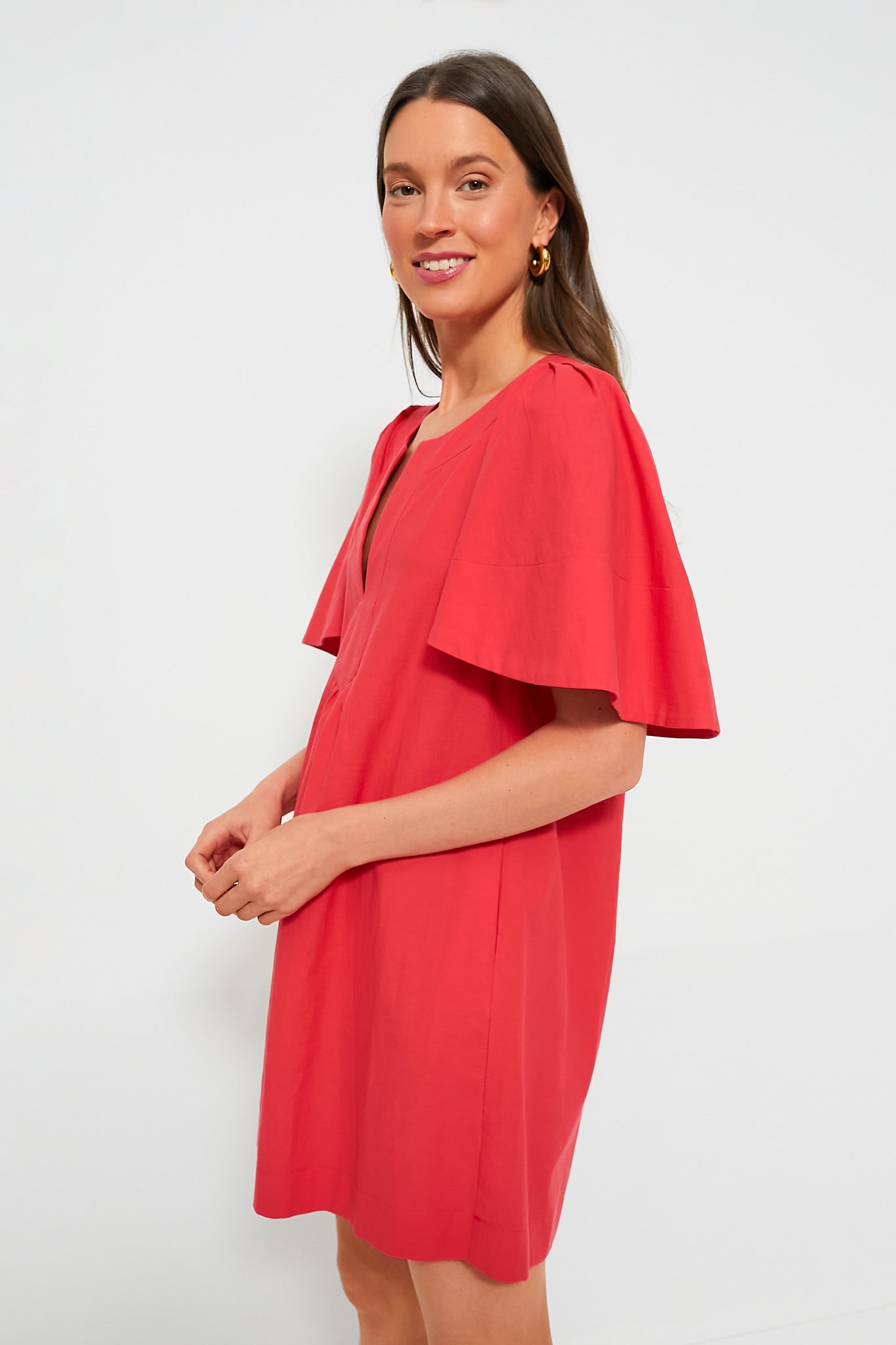 Red Finley Flutter Sleeve Dress-Beilave