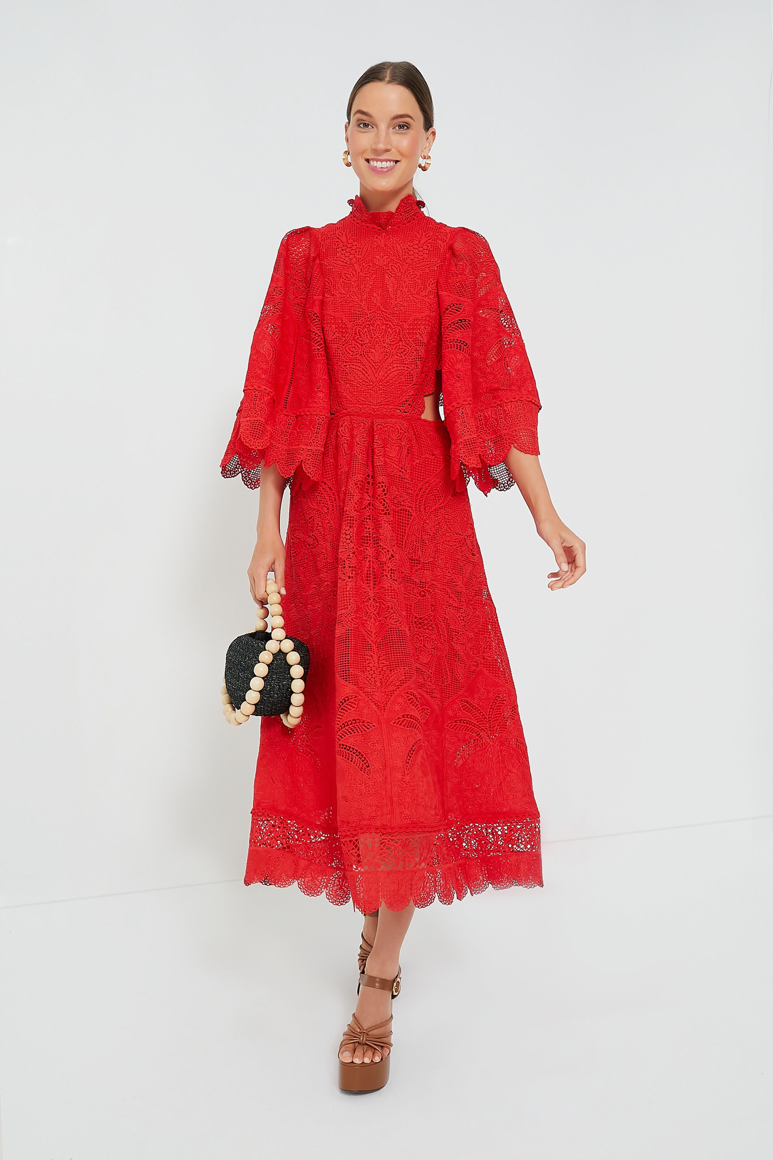 Red Guipure Cut Out Midi Dress-Beilave