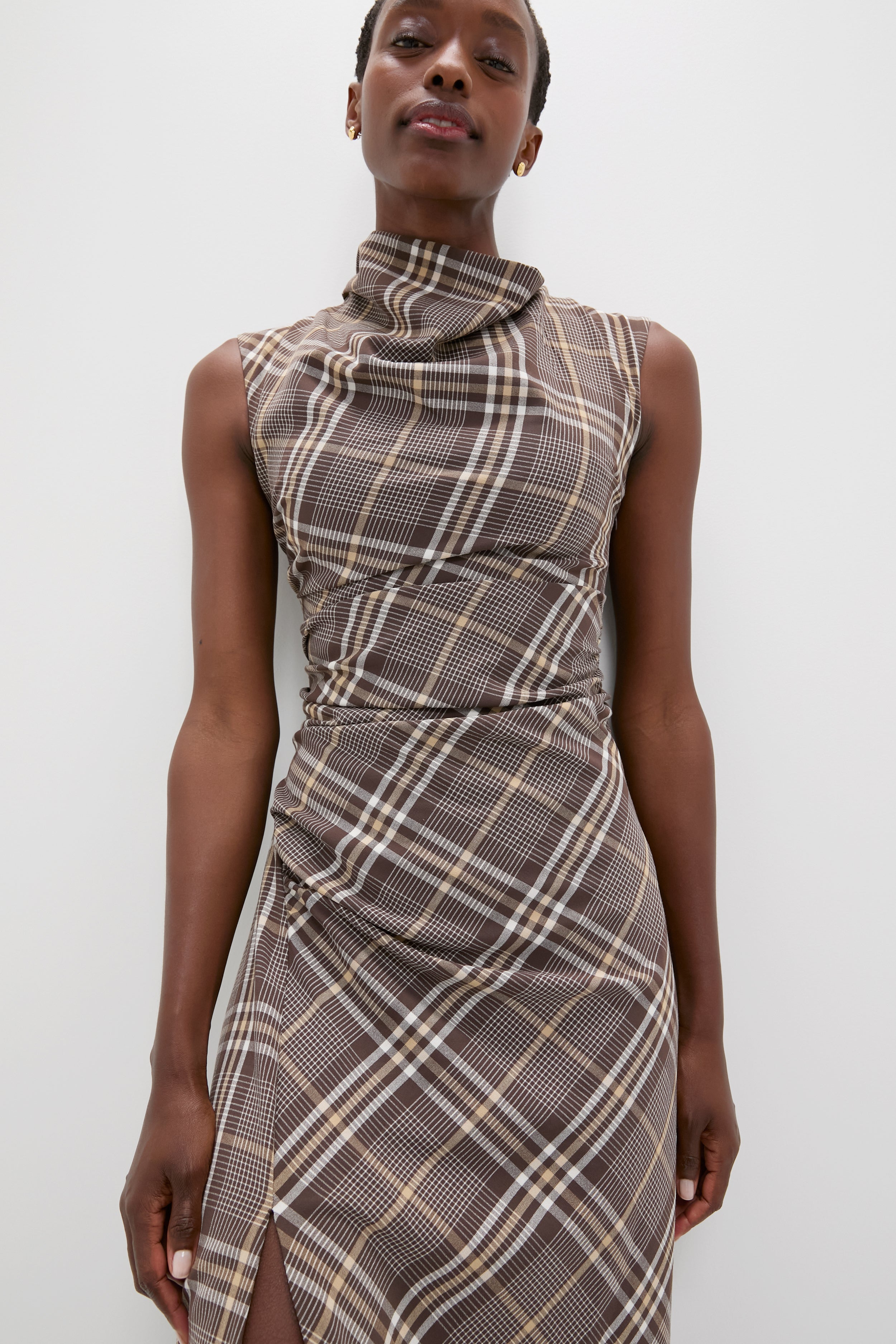 Chocolate Plaid Burke Sleeveless Draped Midi Dress-Beilave