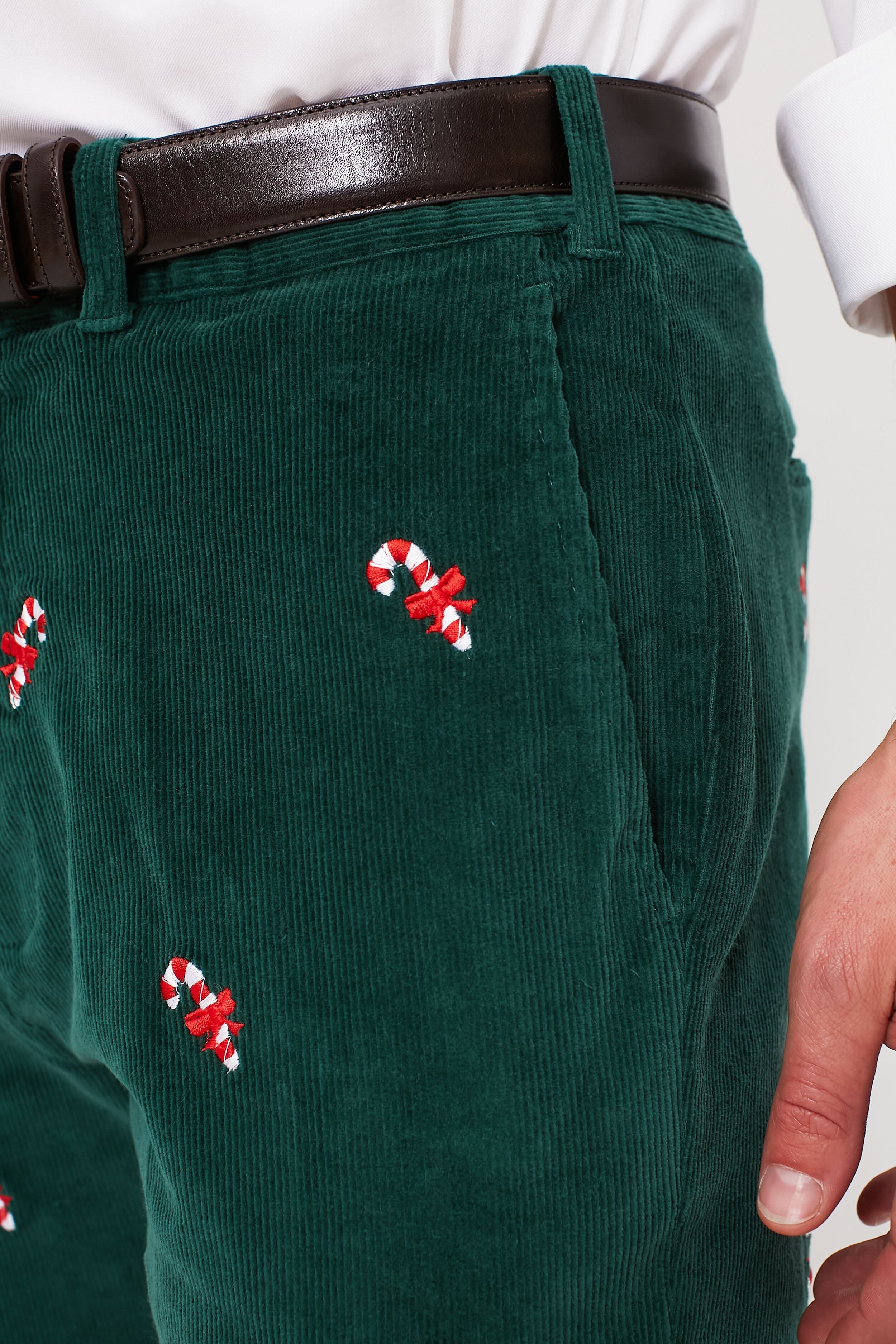 Hunter Green Candy Cane Embroidered Corduroy Pants (34" Inseam)-Beilave