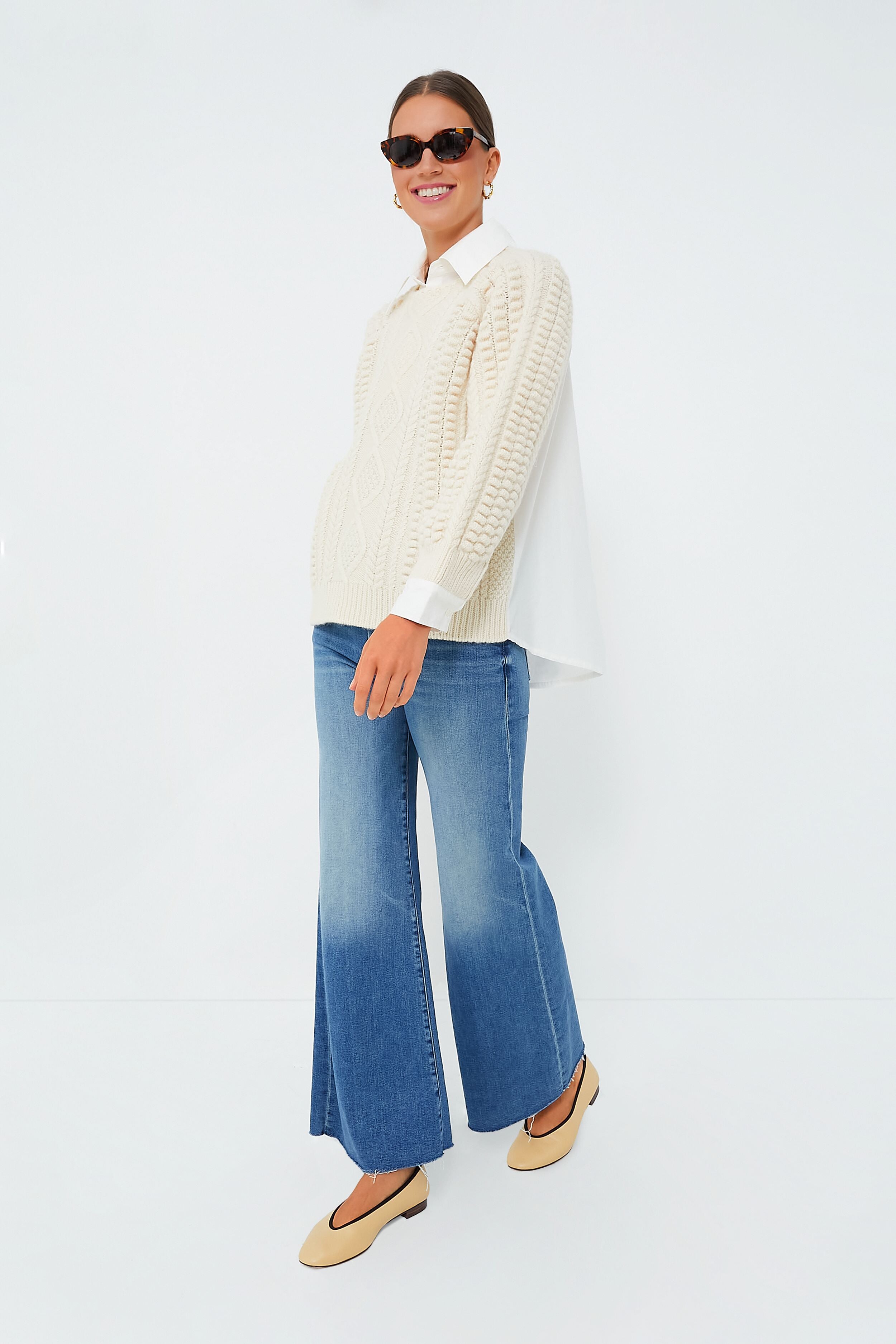 Cream Leni Fisherman Cable Long Sleeve Combo Sweater-Beilave