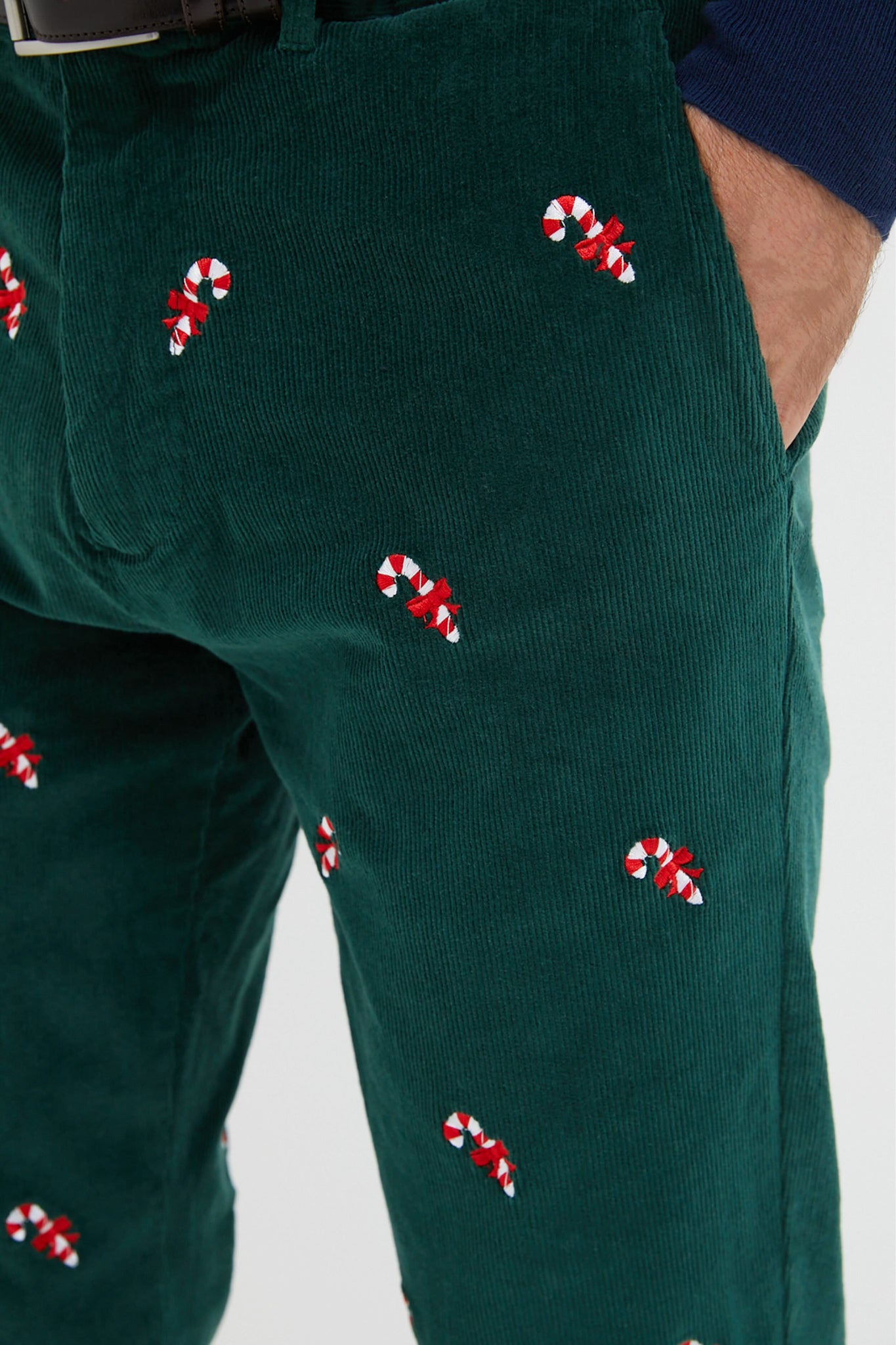 Hunter Green Candy Cane Embroidered Corduroy Pants (32" Inseam)-Beilave