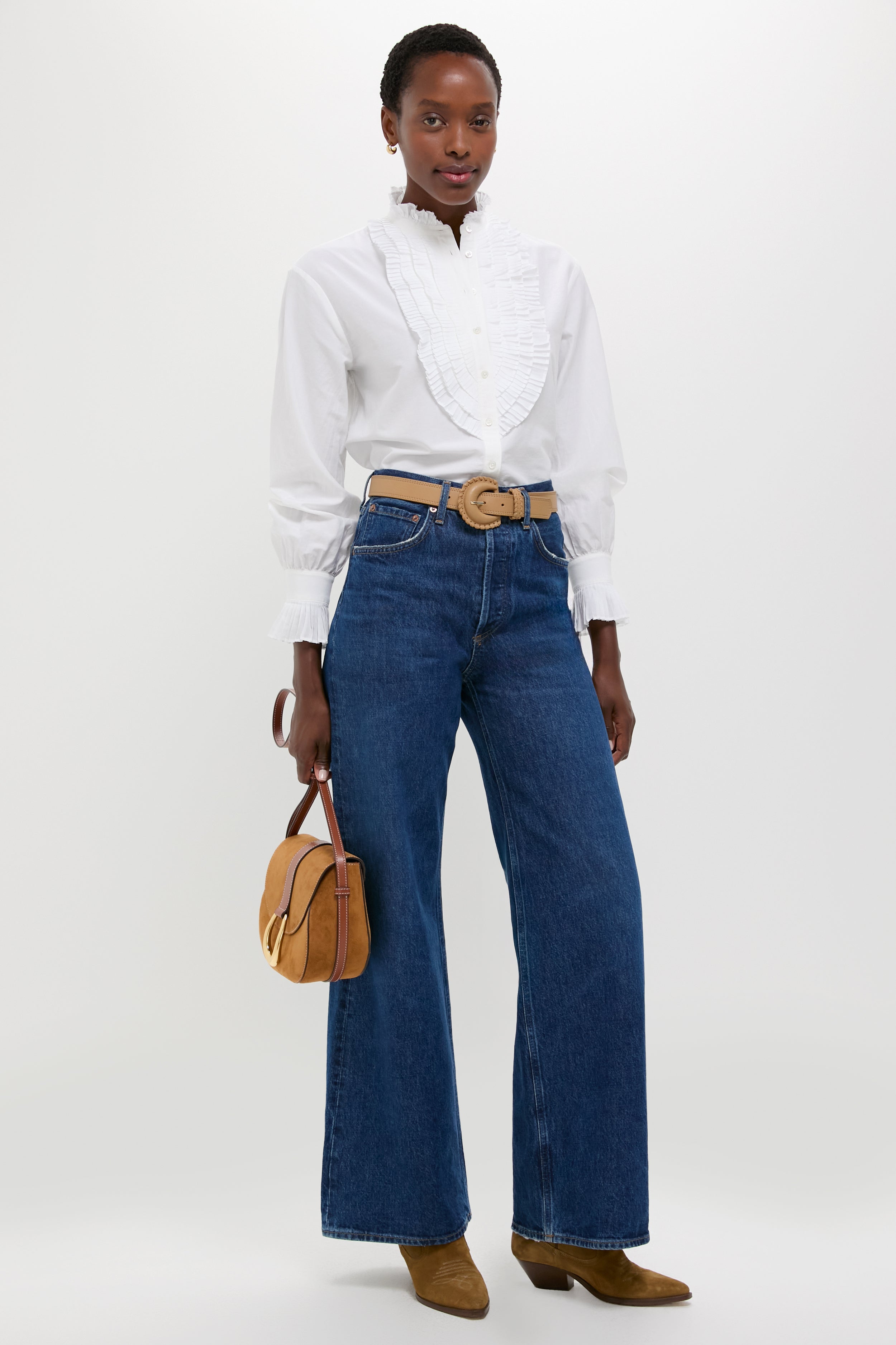 White Long Sleeve Band Collar Blouse-Beilave