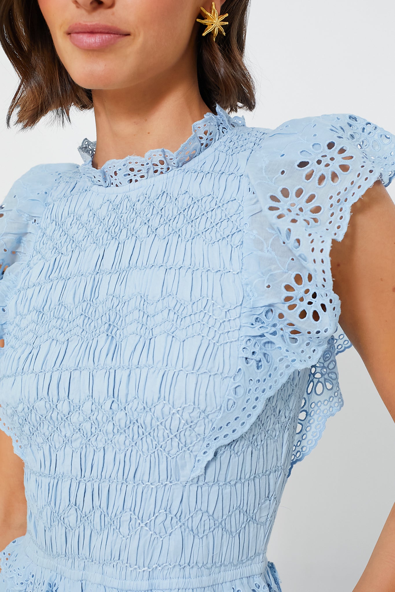 Sky Veronique Embroidery Flutter Sleeve Dress-Beilave