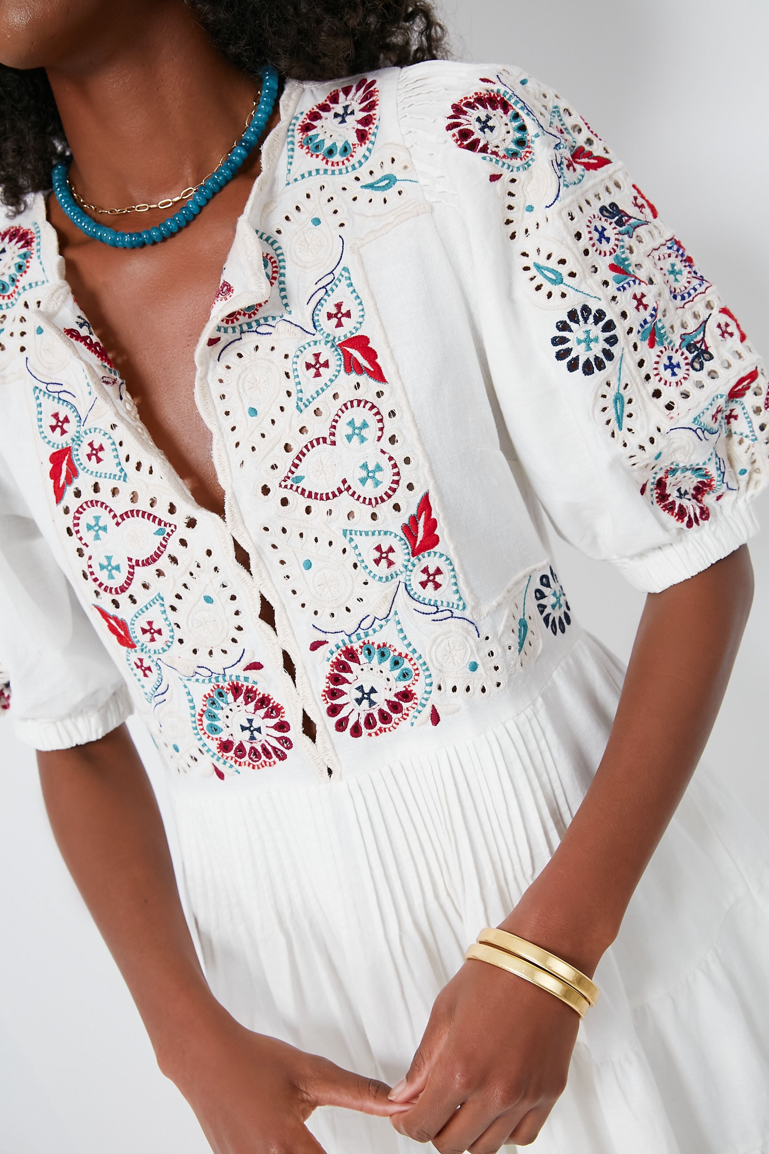 Cream Alicia Embroidery Long Sleeve Dress-Beilave